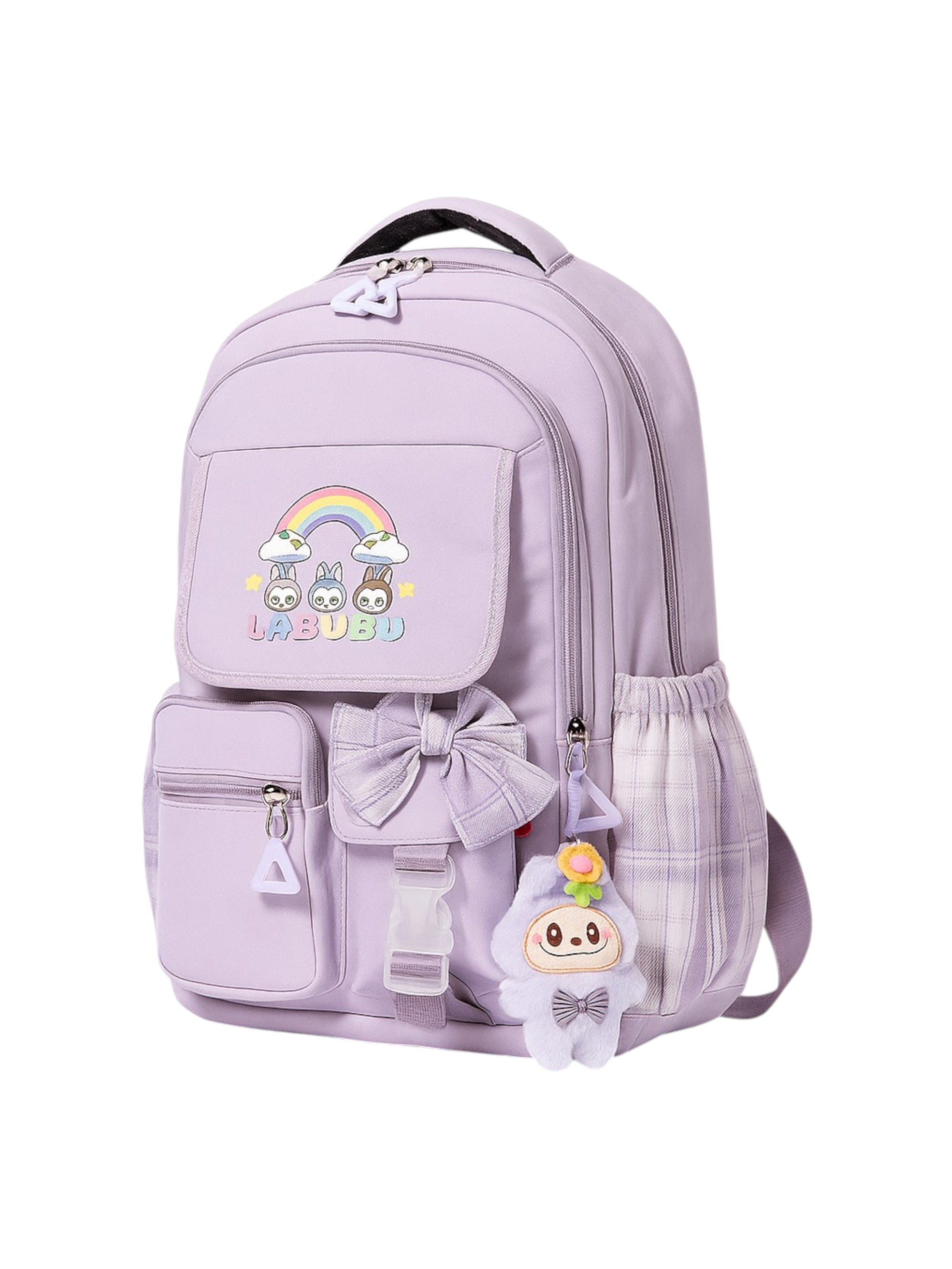 Light purple backpack with cartoon character and rainbow design on a white background monza outlet, Shein outlet, monza fashion