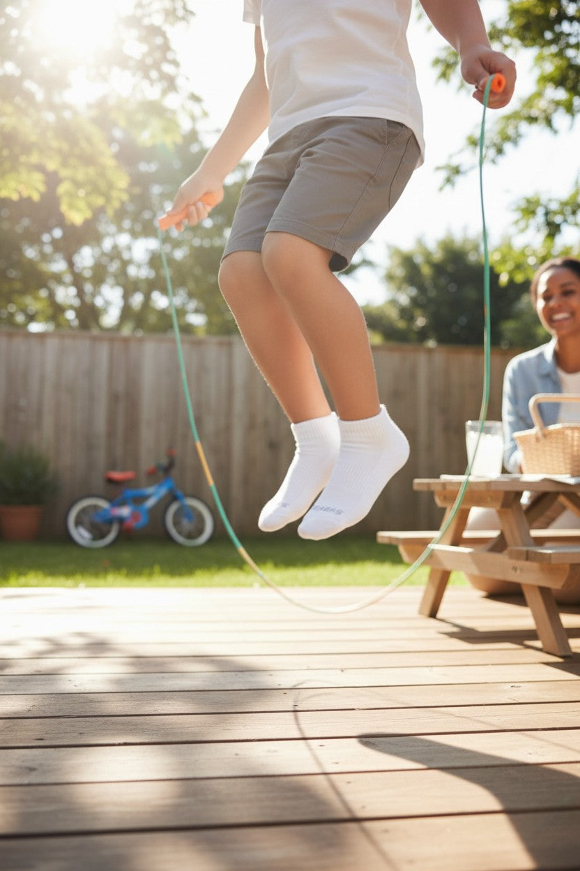 Child jumping rope on a wooden deck with a backyard setting. Skechers, Monza Outlet, Monza Fashion, Shein Outlet