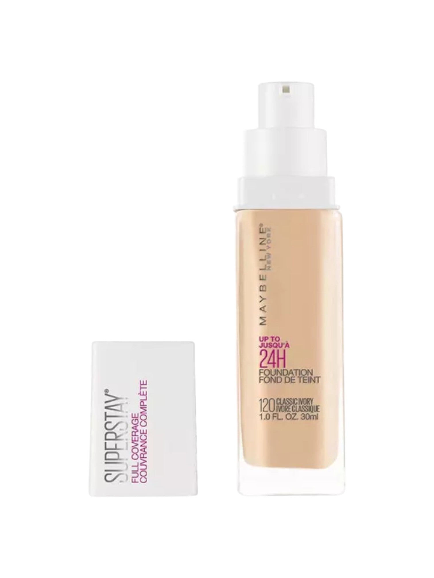 Maybelline Super Stay foundation bottle with packaging on a white background monza outlet, Shein outlet, monza fashion