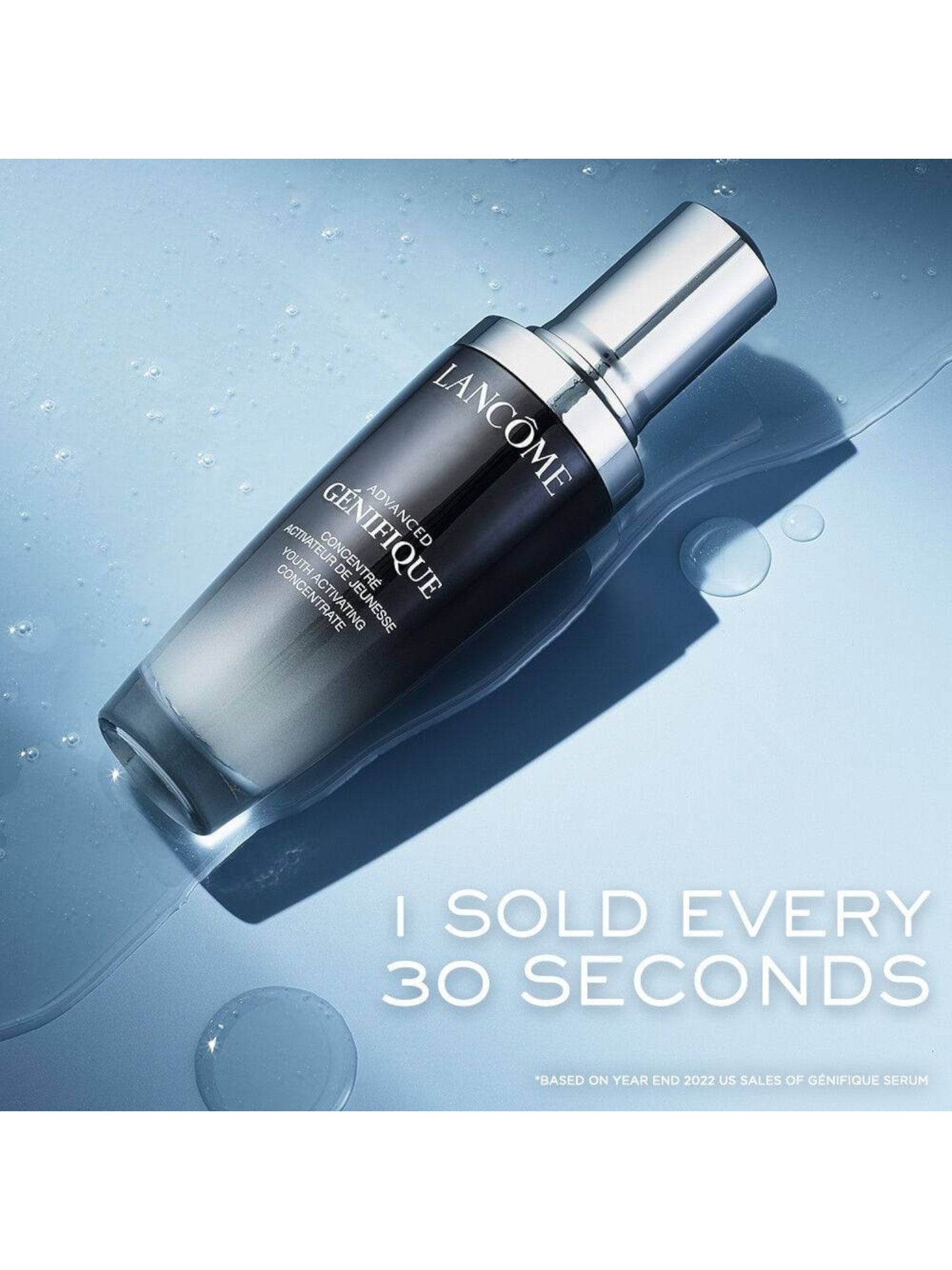 Lancème skincare bottle on a blue background with water droplets. Lancome, Monza Outlet, Monza Fashion, Shein Outlet