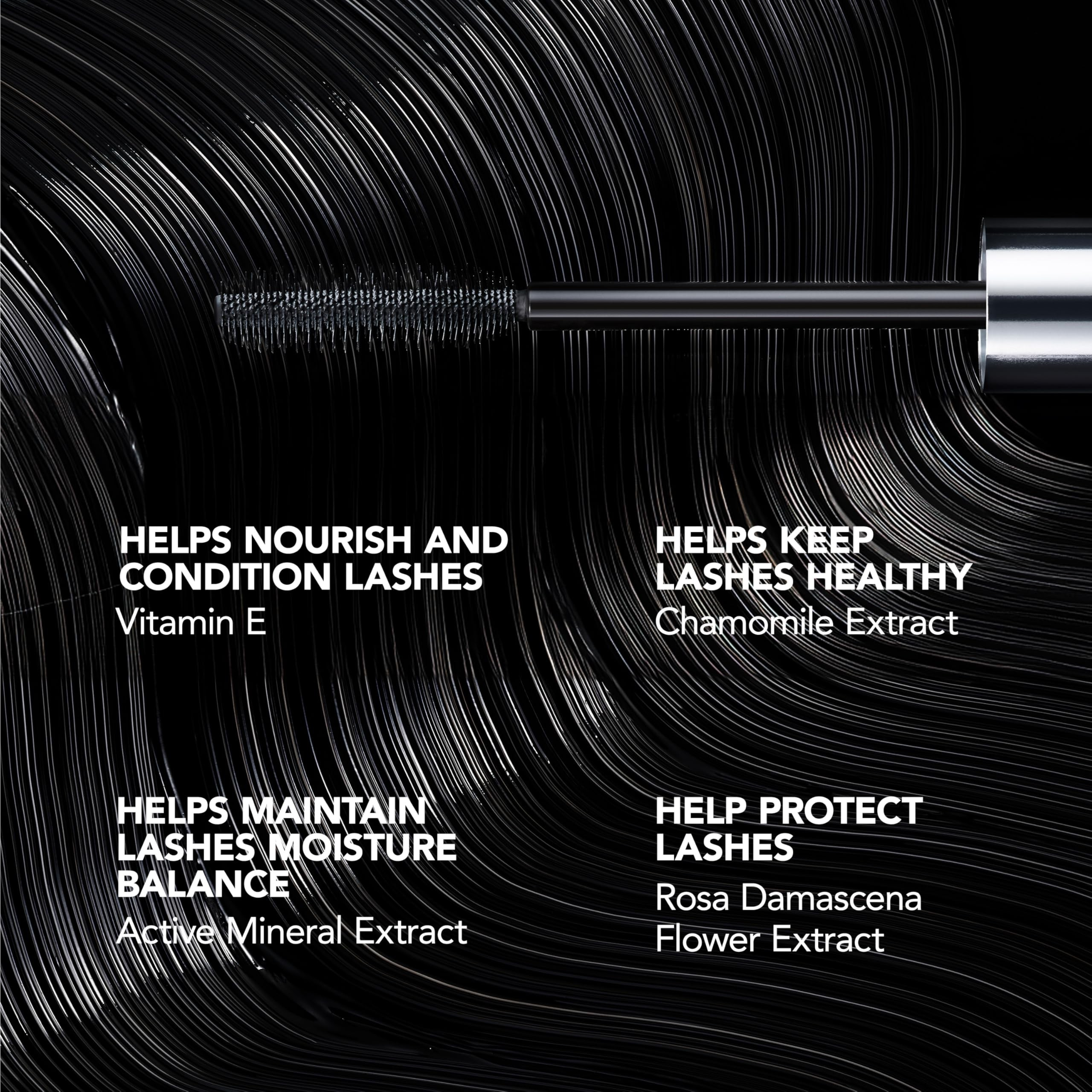Eyelash product with brush and text highlighting benefits on a black background Monza fashion outlet, monza outlet, shein outlet, shien outlet cosmetics, makeup, perfume