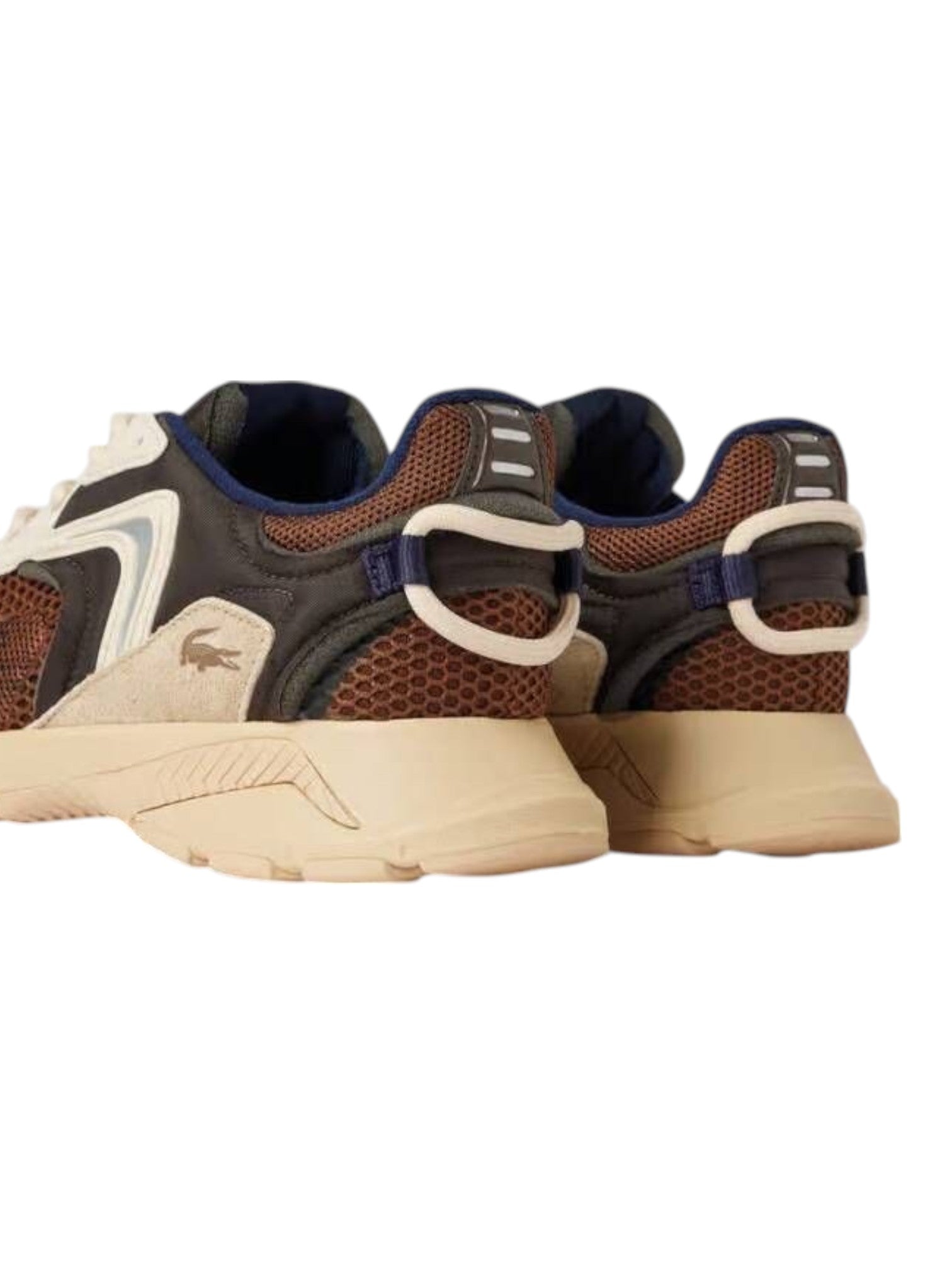 Pair of brown and navy sneakers on a white background Lacoste Monza Outlet