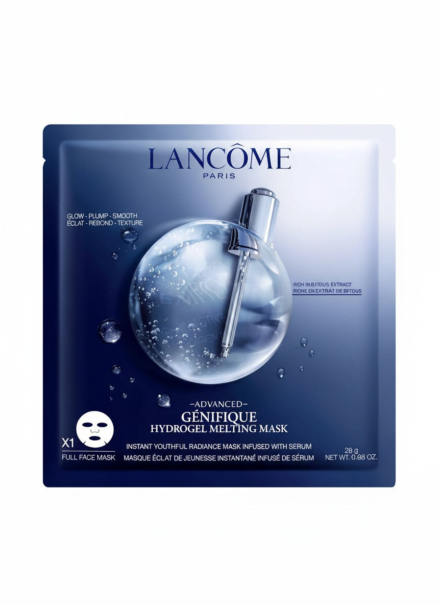 Lancome Advanced Génifique Hydrogel Melting Mask packaging on a white background. Lancome, Monza Outlet, Monza Fashion, Shein Outlet