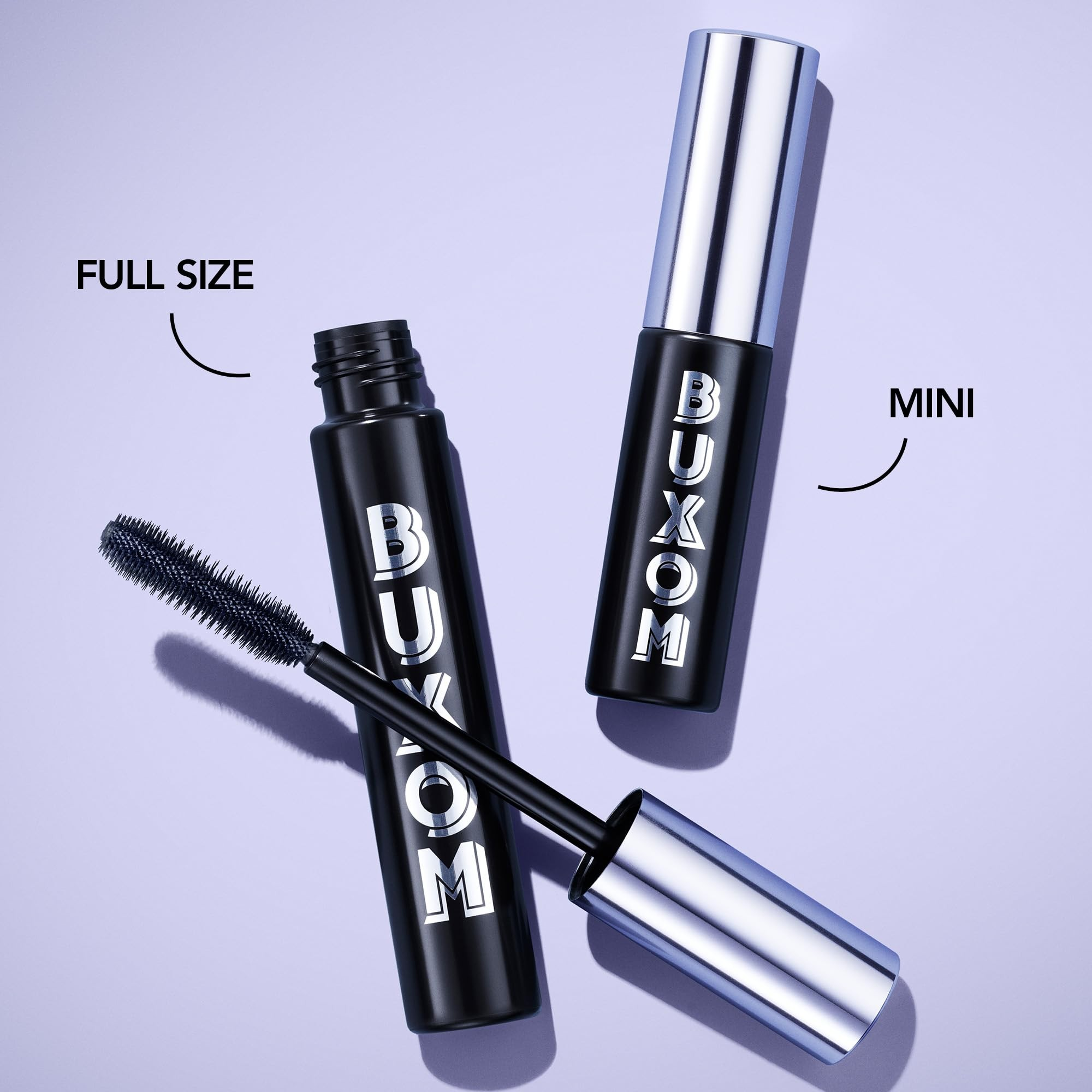 Buxom mascara with full size and mini version on a purple background Monza Outlet