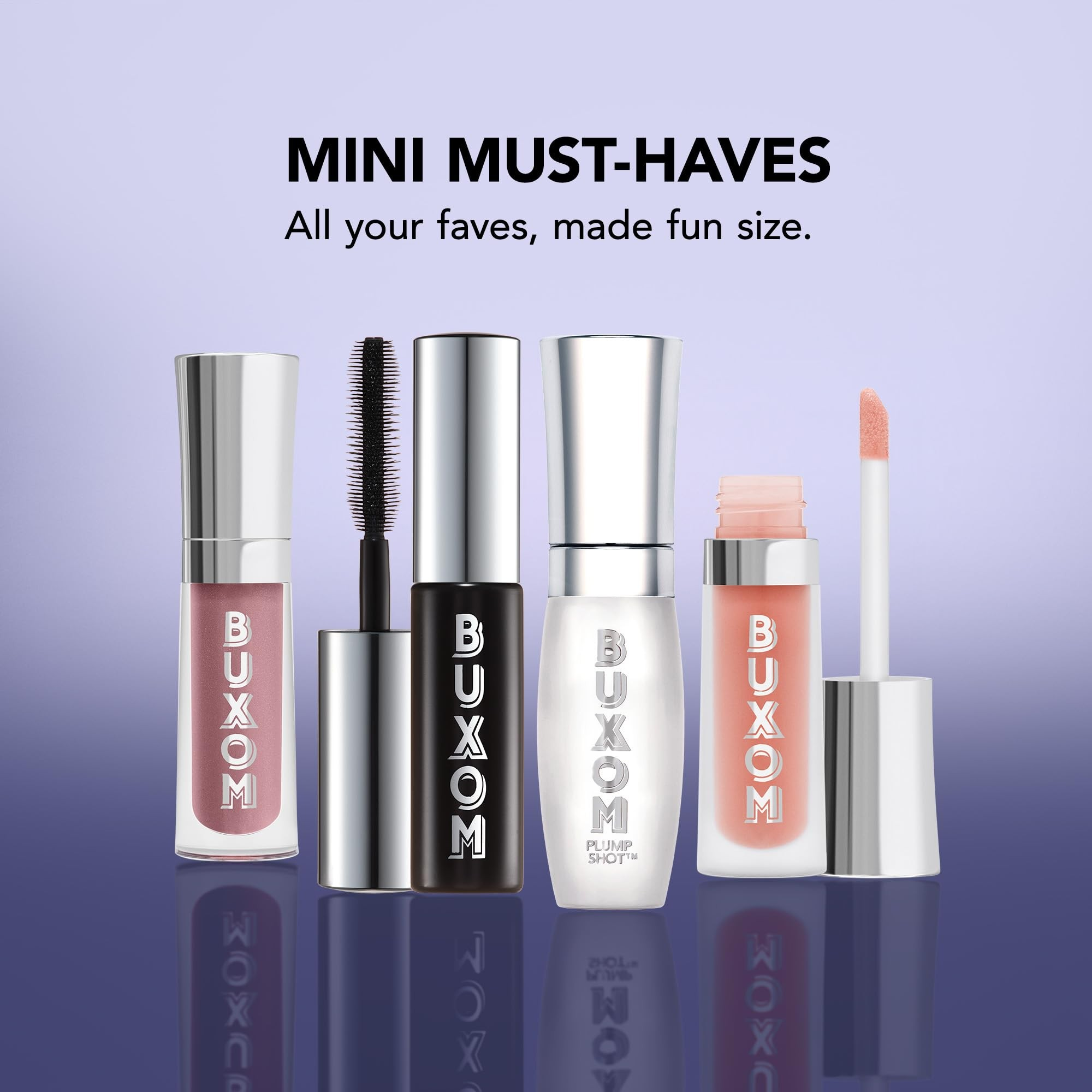Buxom mini makeup products on a gradient purple background with text Mini Must-Haves. Monza Outlet