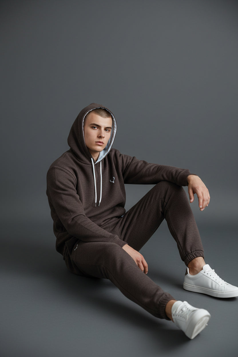 Person wearing a brown hoodie and pants sitting on a gray background. Antler, Monza Outlet, Monza Fashion, Shein Outlet