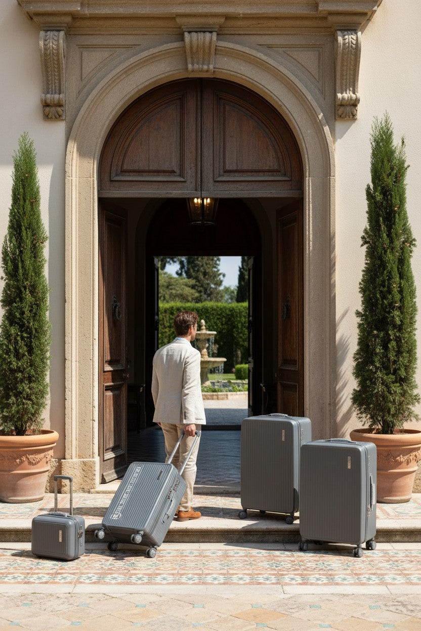 Man with suitcases exiting a grand entranceway into a garden. Monza Outlet, Monza Fashion, Shein Outlet