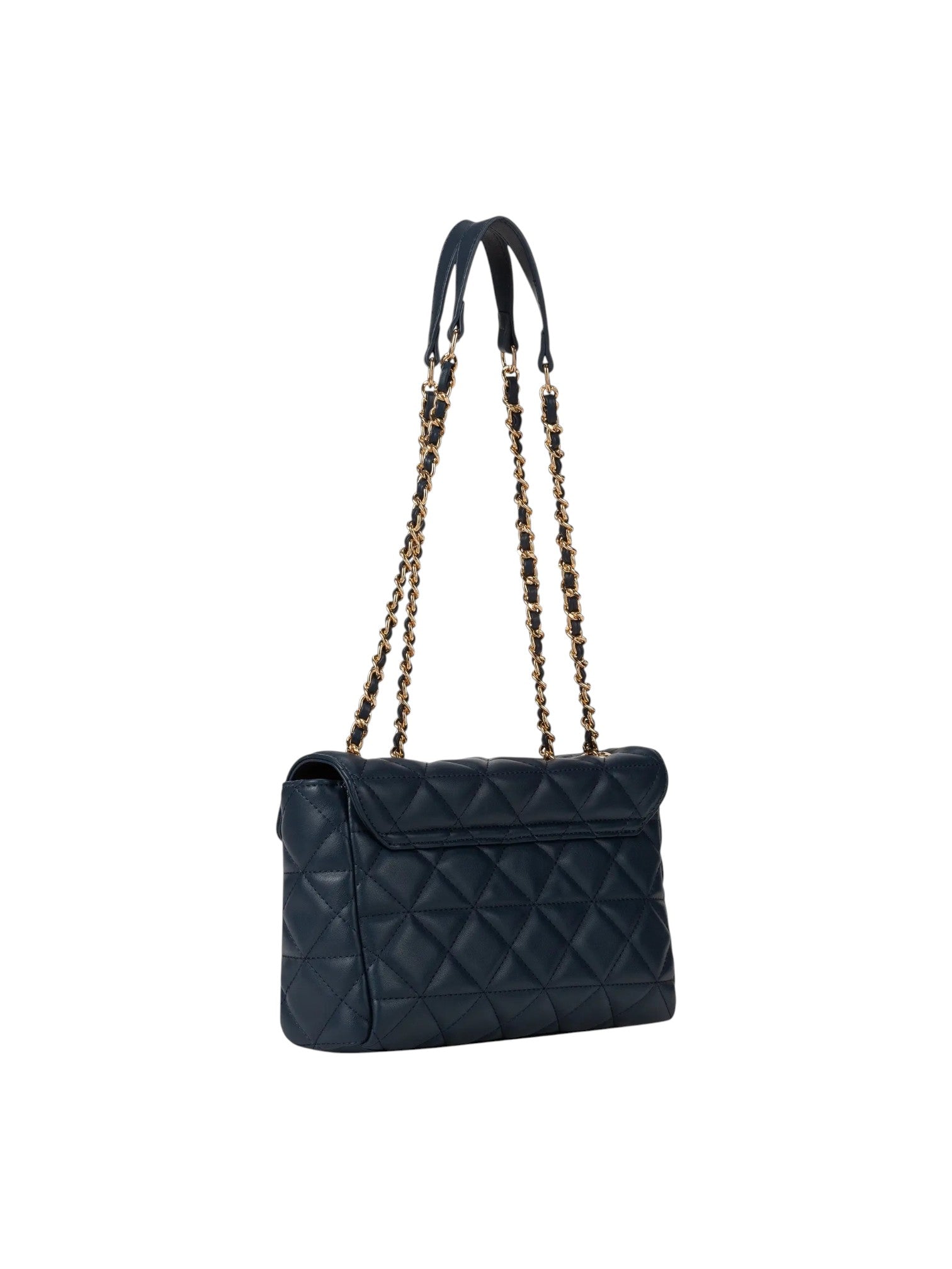 A navy blue quilted leather shoulder bag with a gold tone chain strap and black leather top handle, shown from a side profile on a white background. 19V69 Italia, Monza Outlet, Monza Fashion, Shein Outlet