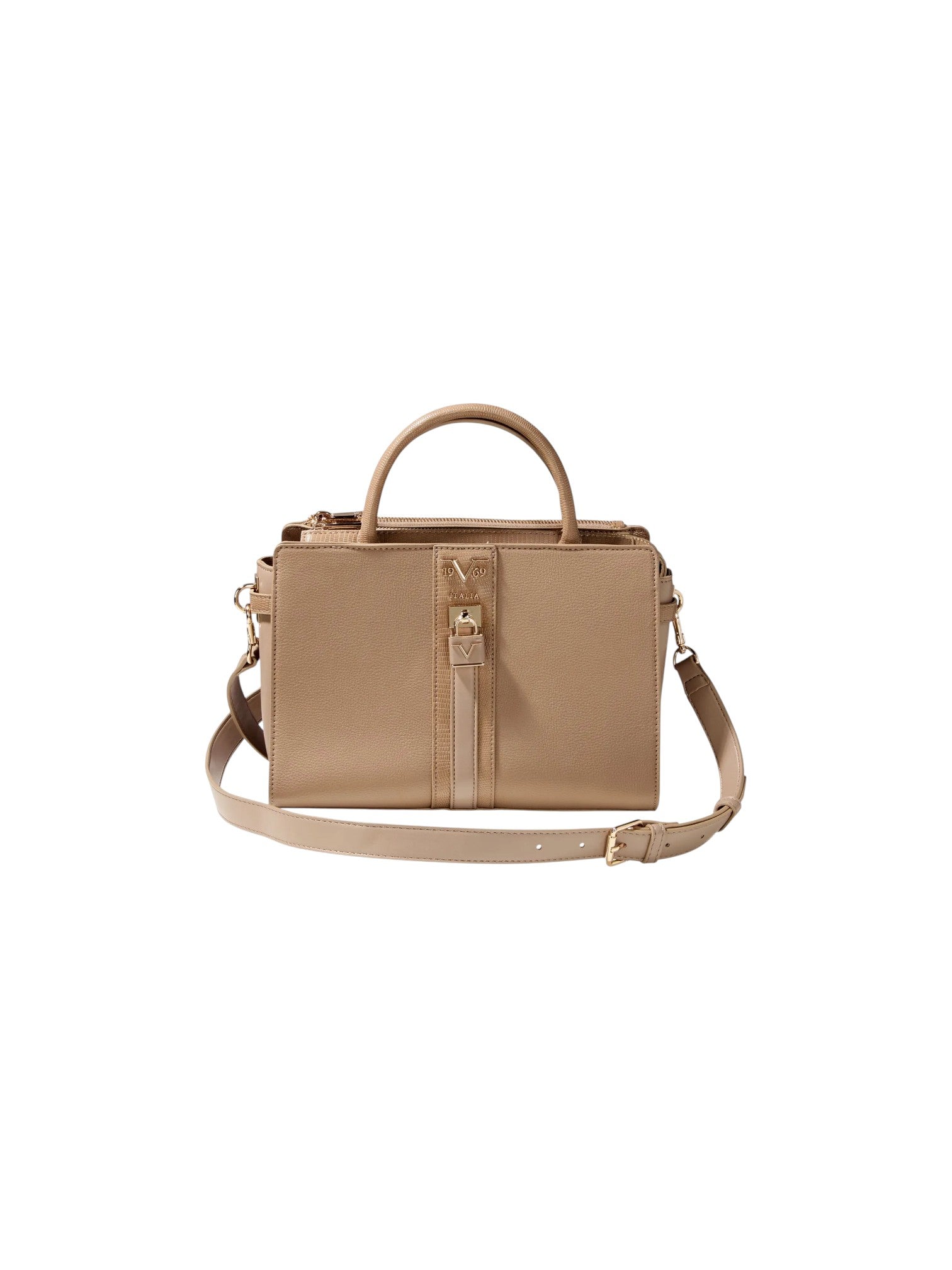 A structured top handle handbag in light tan leather with a matching shoulder strap, gold tone hardware, and a front zip closure, shown on a plain white background. 19V69 Italia, Monza Outlet, Monza Fashion, Shein Outlet