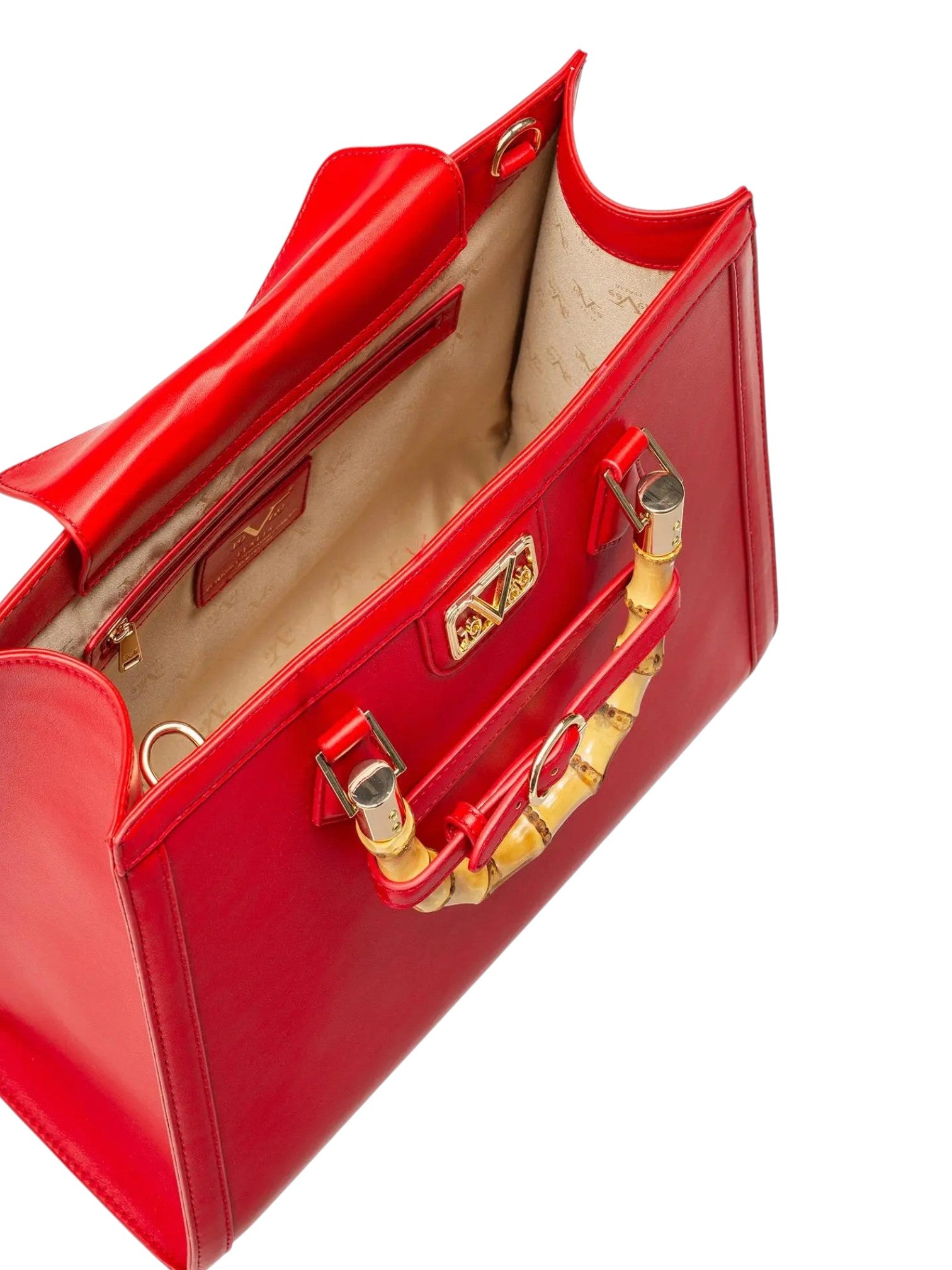 A close up of a red leather handbag with gold tone hardware and a beige interior lining, shown from an overhead angle on a white background. 19v69 Italia, Monza Outlet, Monza Fashion, Shein Outlet