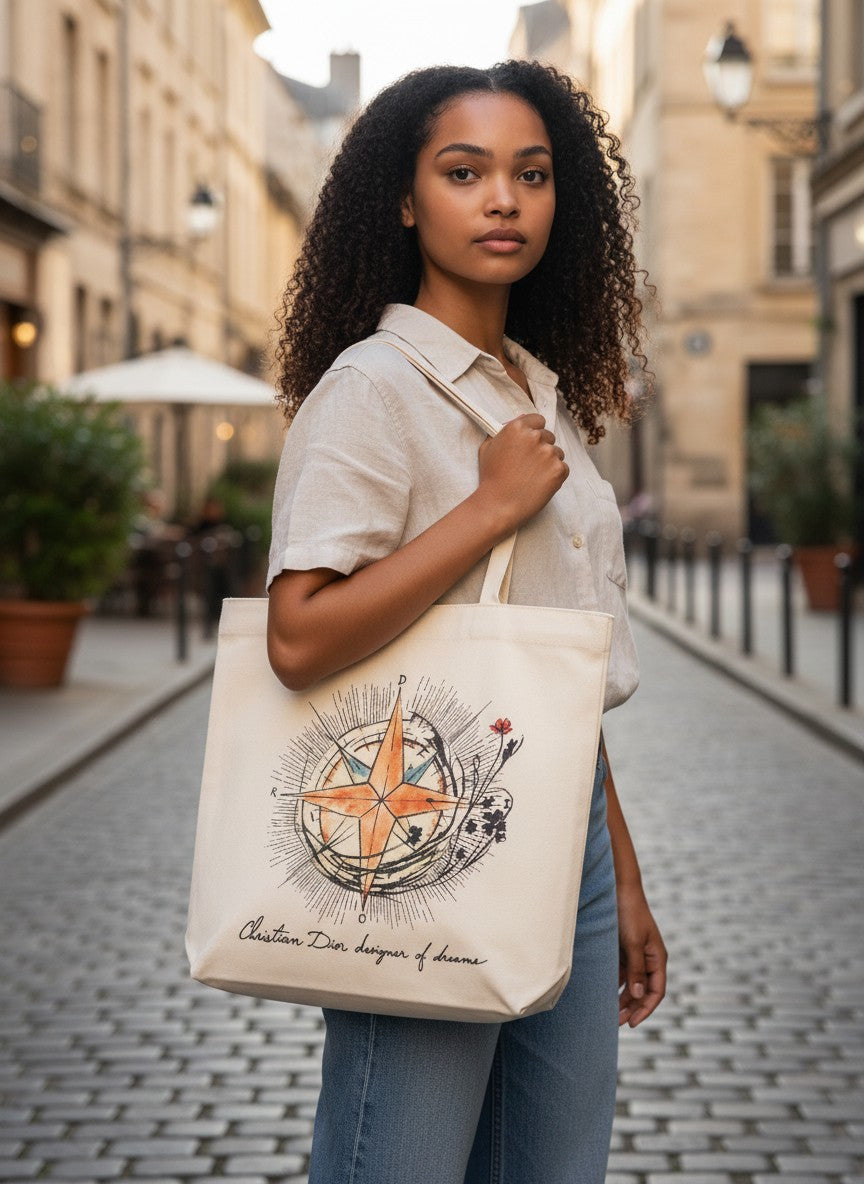Woman holding a tote bag with a compass design on a city street. Dior, Monza Outlet, Monza Fashion, Shein Outlet