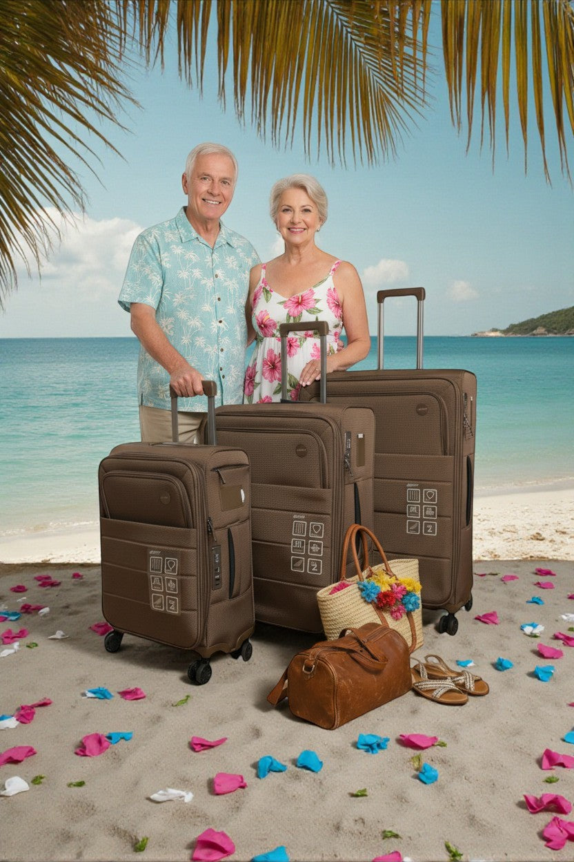 Man and woman with suitcases on a beach with palm leaves and ocean in the background. Monza Outlet, Monza Fashion, Shein Outlet