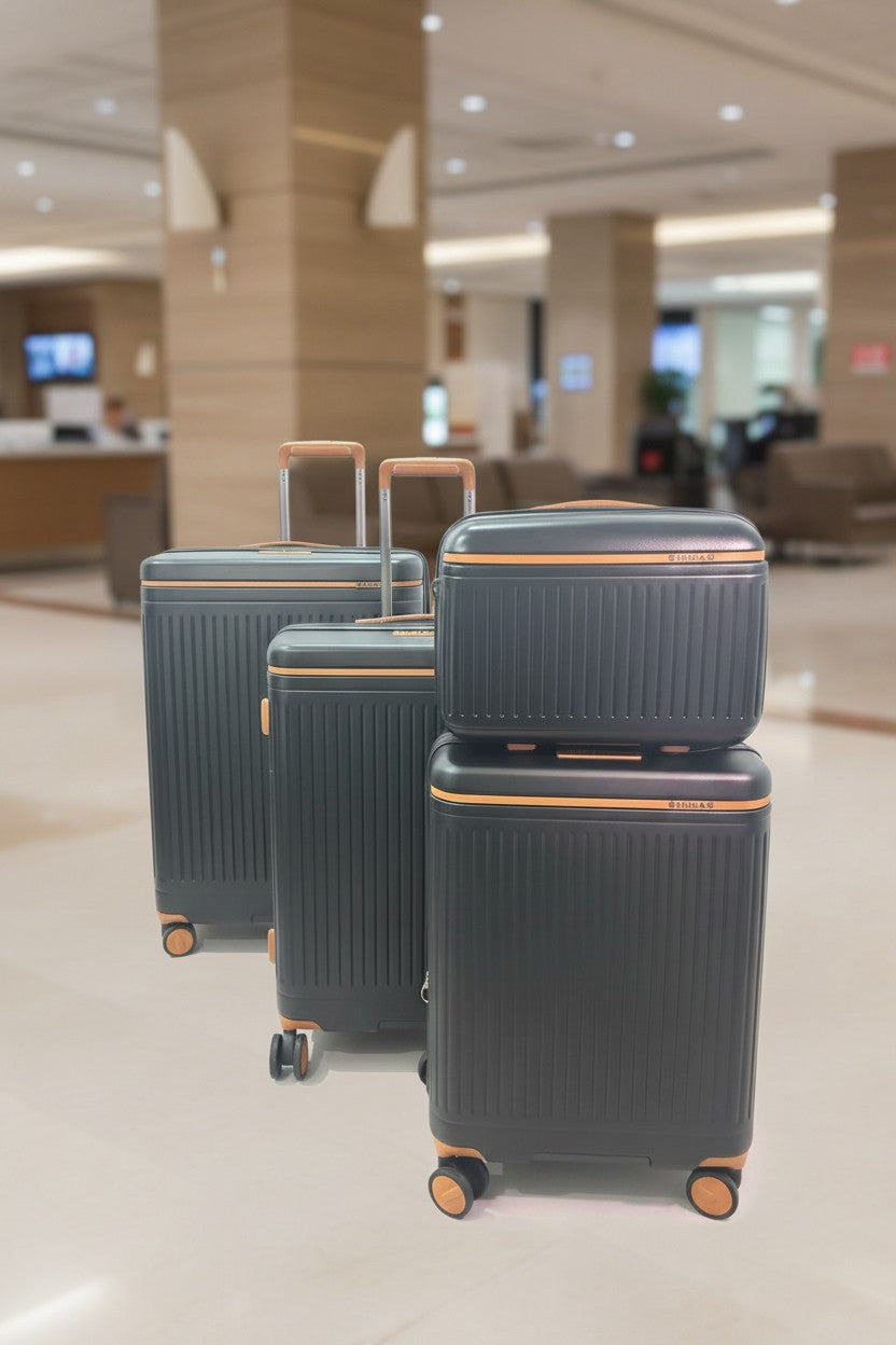 Set of dark gray suitcases with orange accents in a hotel lobby. Binhao, Monza Outlet, Monza Fashion, Shein Outlet