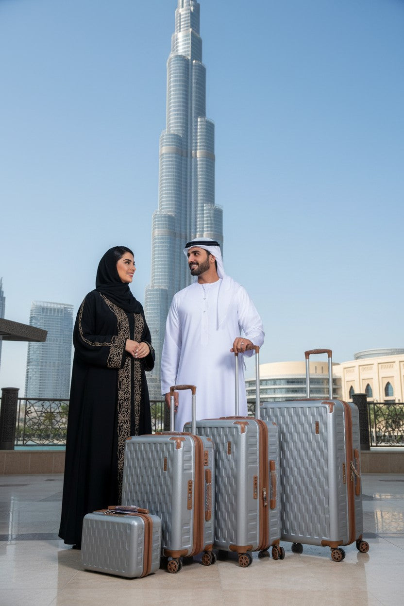 Two people with suitcases in front of the Burj Khalifa, Dubai. Monza Outlet, Monza Fashion, Shein Outlet