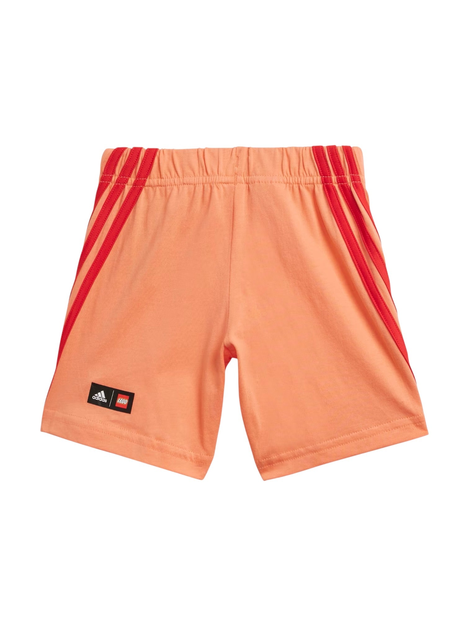 Orange shorts with red stripes and Adidas logo on a white background. Adidas, Monza Outlet, Monza Fashion, Shein Outlet