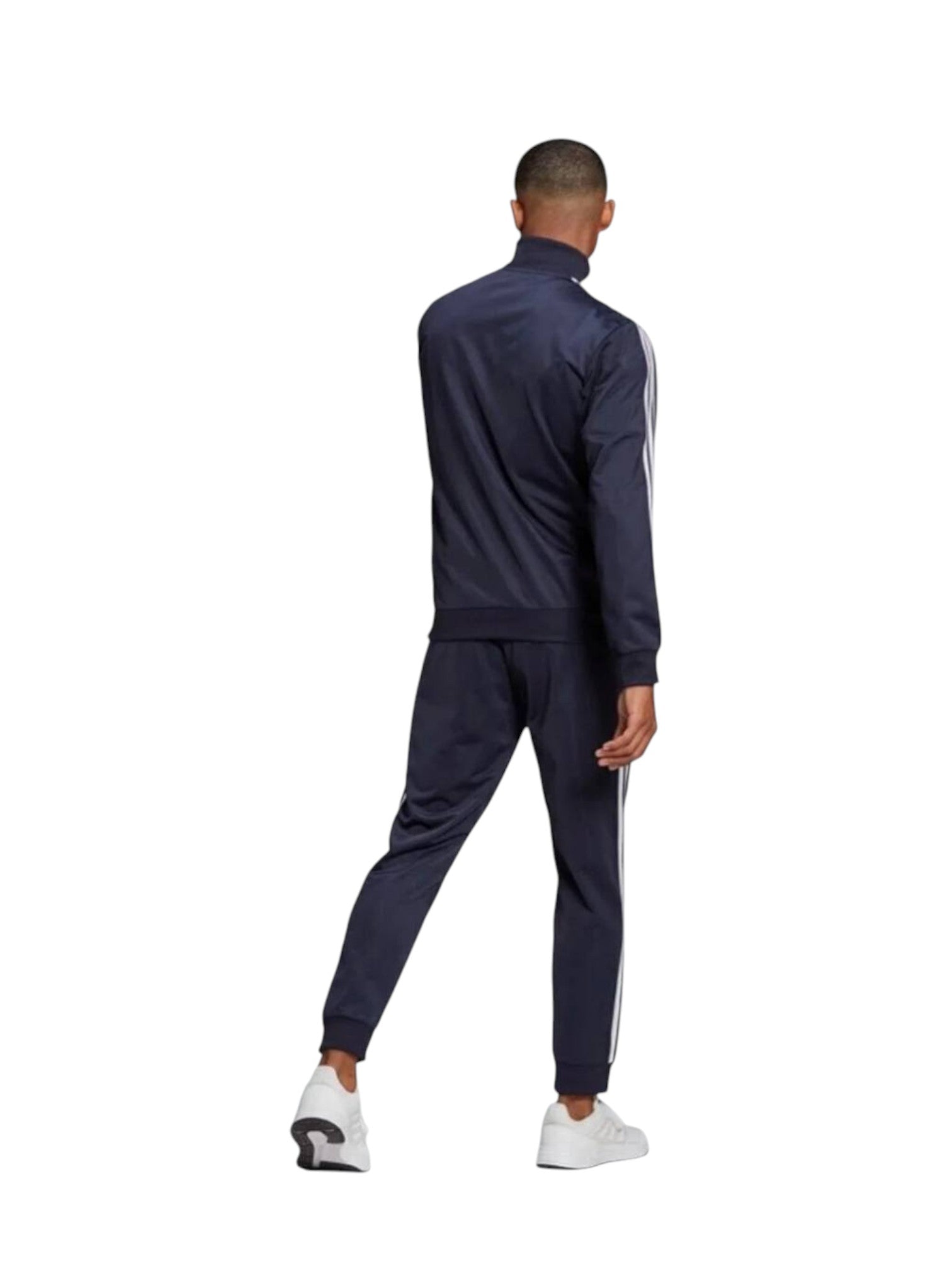 Person wearing a navy tracksuit with white stripes on a white background. Adidas, Monza Outlet, Monza Fashion, Shein Outlet