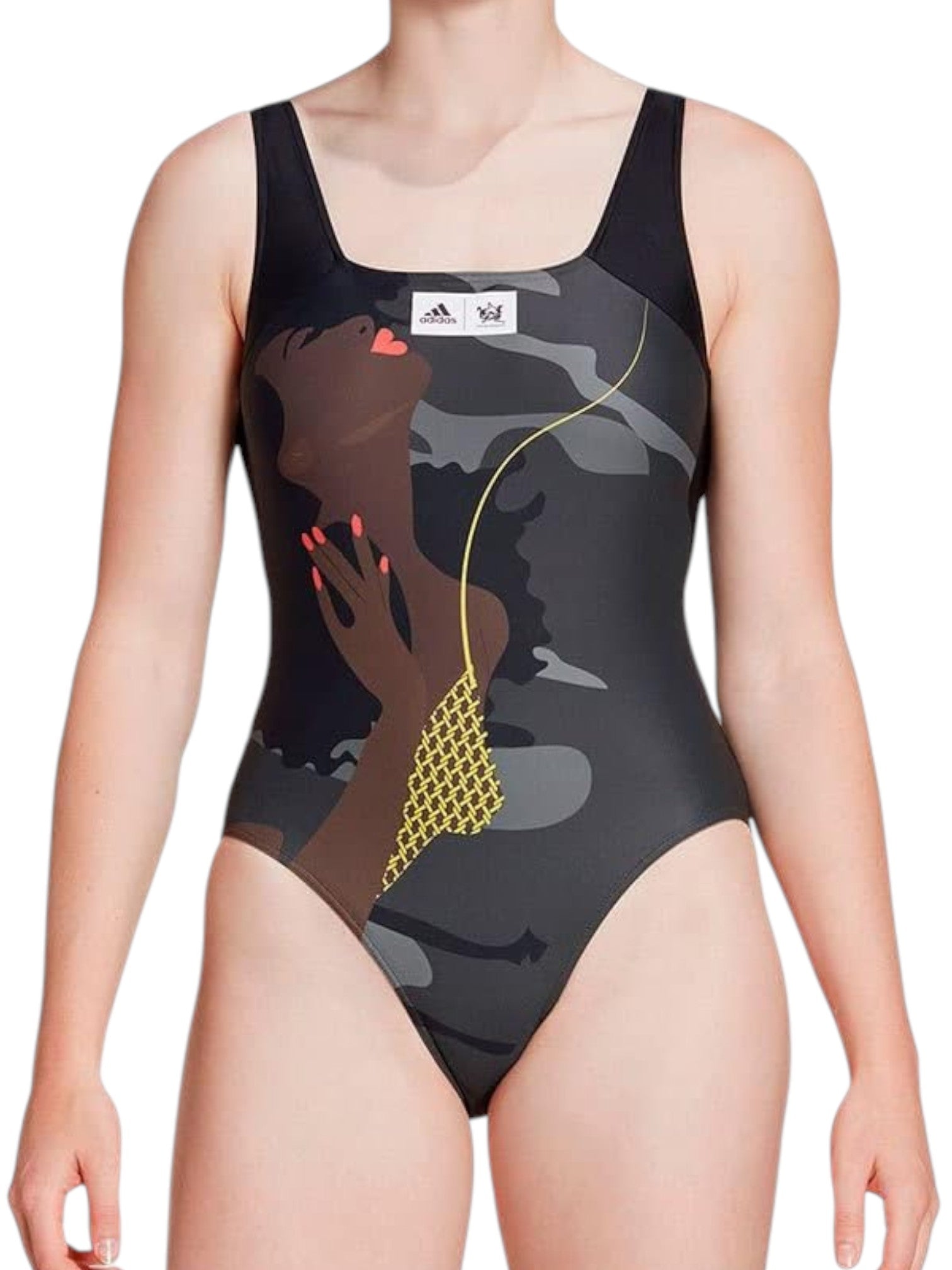 Black swimsuit with artistic design and Adidas logo on a white background. Adidas, Monza Outlet, Monza Fashion, Shein Outlet
