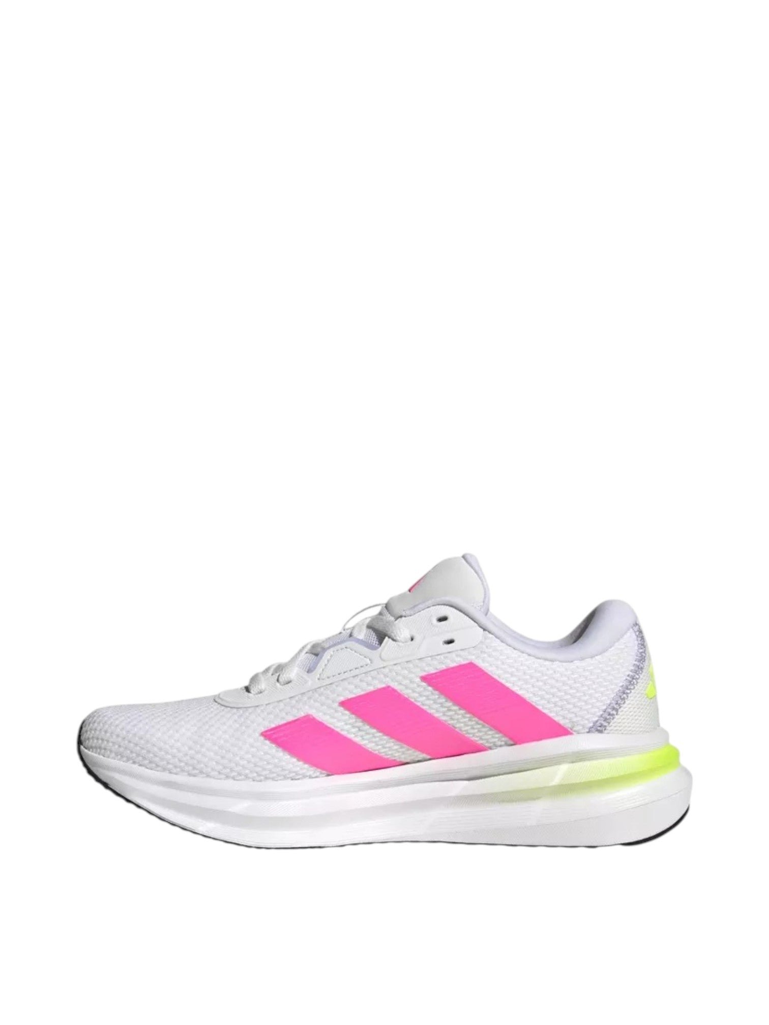 White running shoe with pink stripes on a white background. Adidas, Monza Outlet, Monza Fashion, Shein Outlet