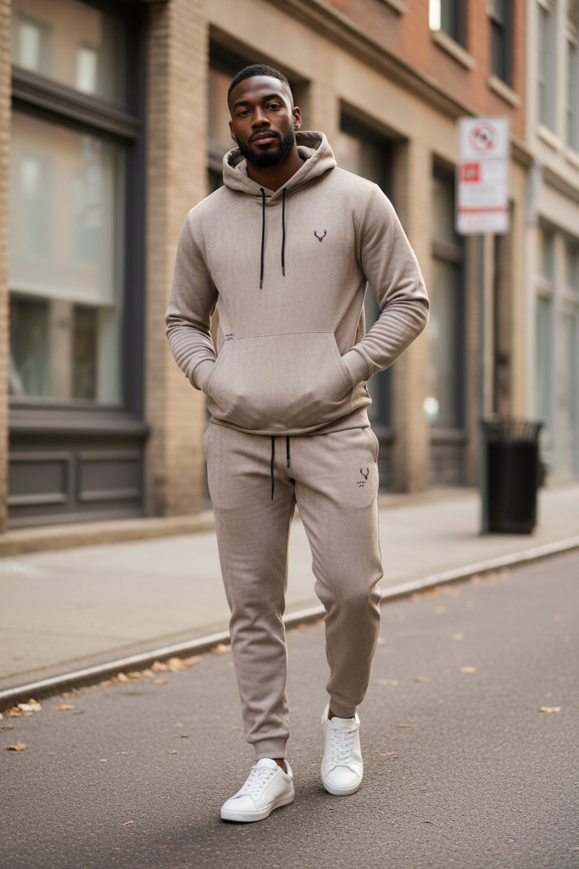 Man wearing a beige tracksuit standing on a city street. Antler, Monza Outlet, Monza Fashion, Shein Outlet