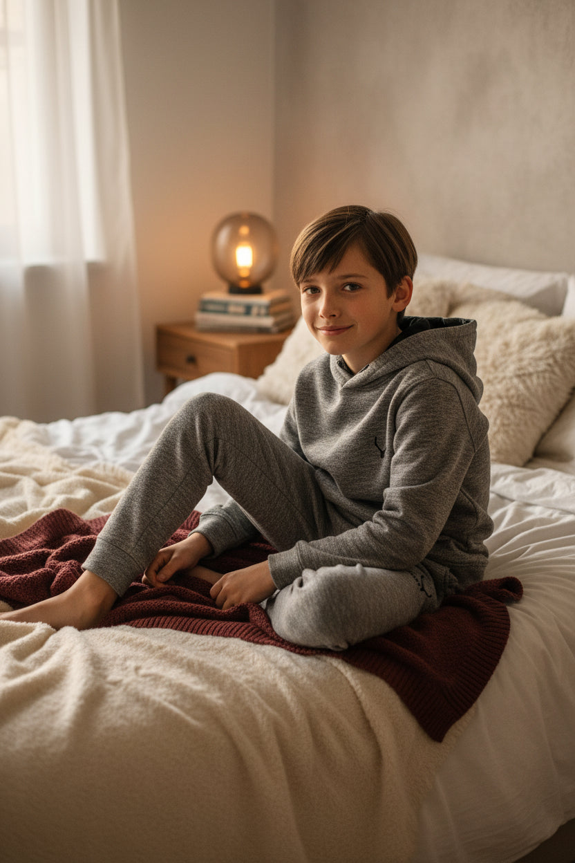 Child sitting on a bed in a cozy room with soft lighting. Antler, Monza Outlet, Monza Fashion, Shein Outlet