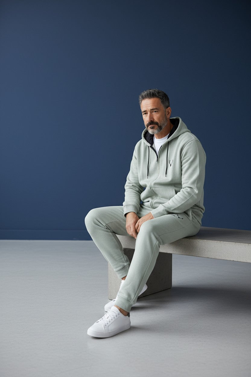 Man sitting on a bench wearing a light gray tracksuit against a blue wall. Antler, Monza Outlet, Monza Fashion, Shein Outlet