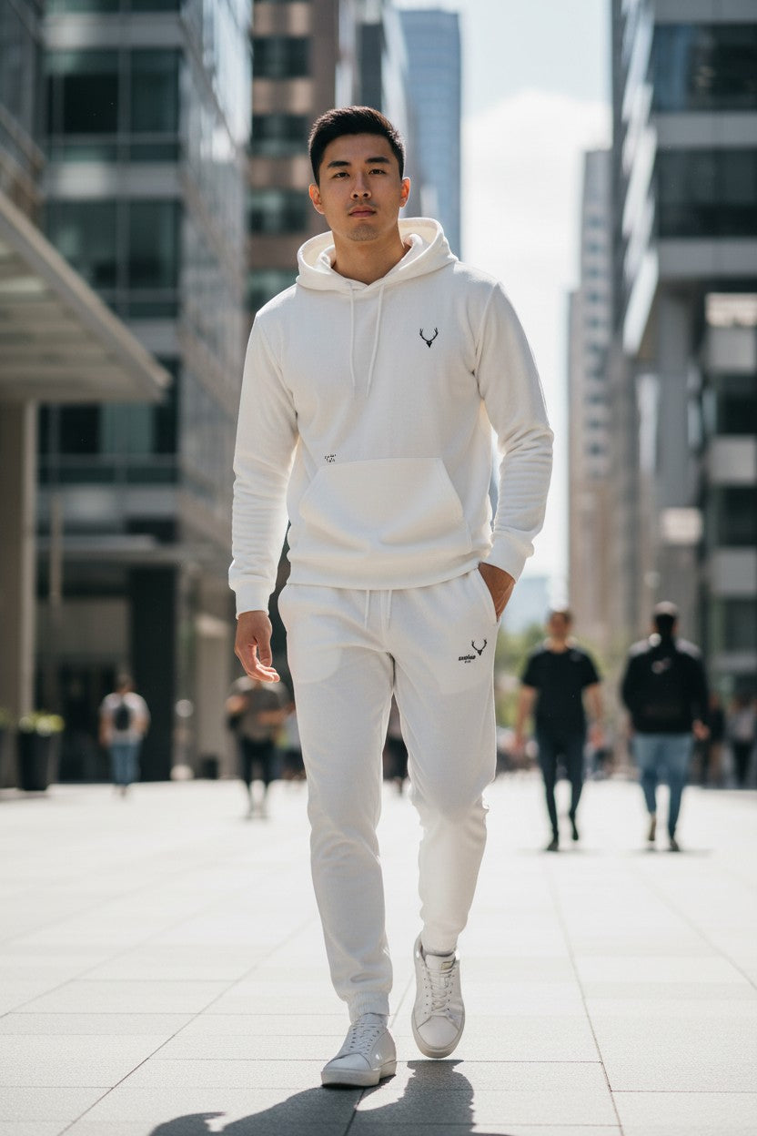 Man wearing a white tracksuit with a logo in an urban setting. Antler, Monza Outlet, Monza Fashion, Shein Outlet