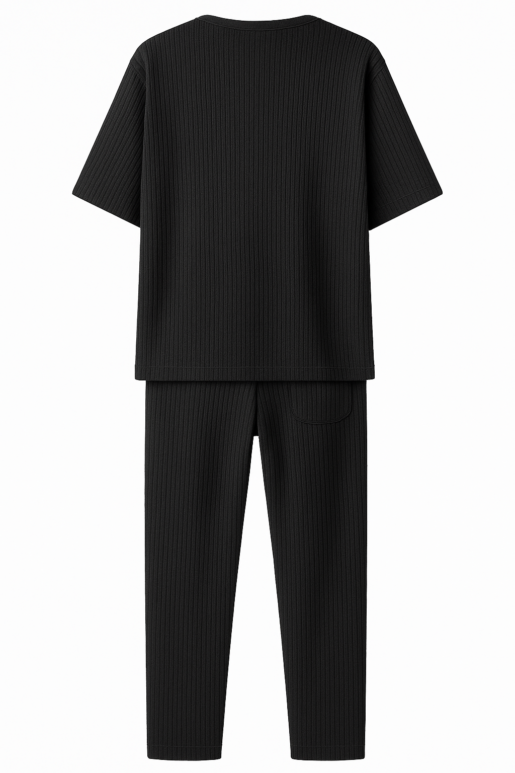 Black ribbed t-shirt and pants set on a white background. Antler Monza Outlet