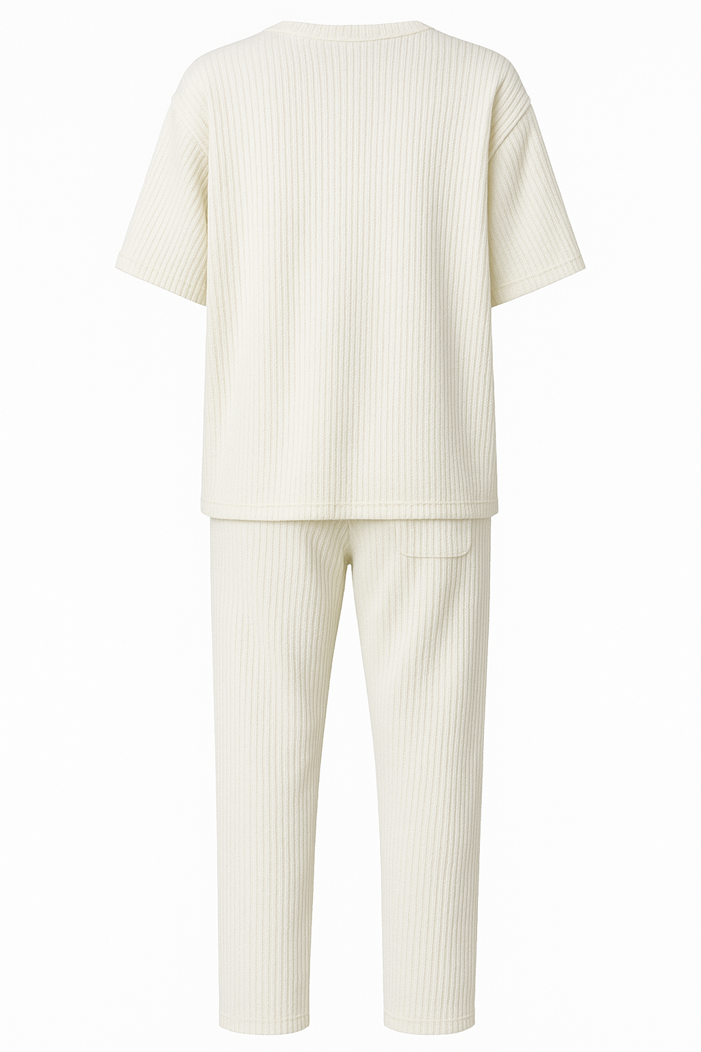 White ribbed t-shirt and pants set on a white background. Antler Monza Outlet