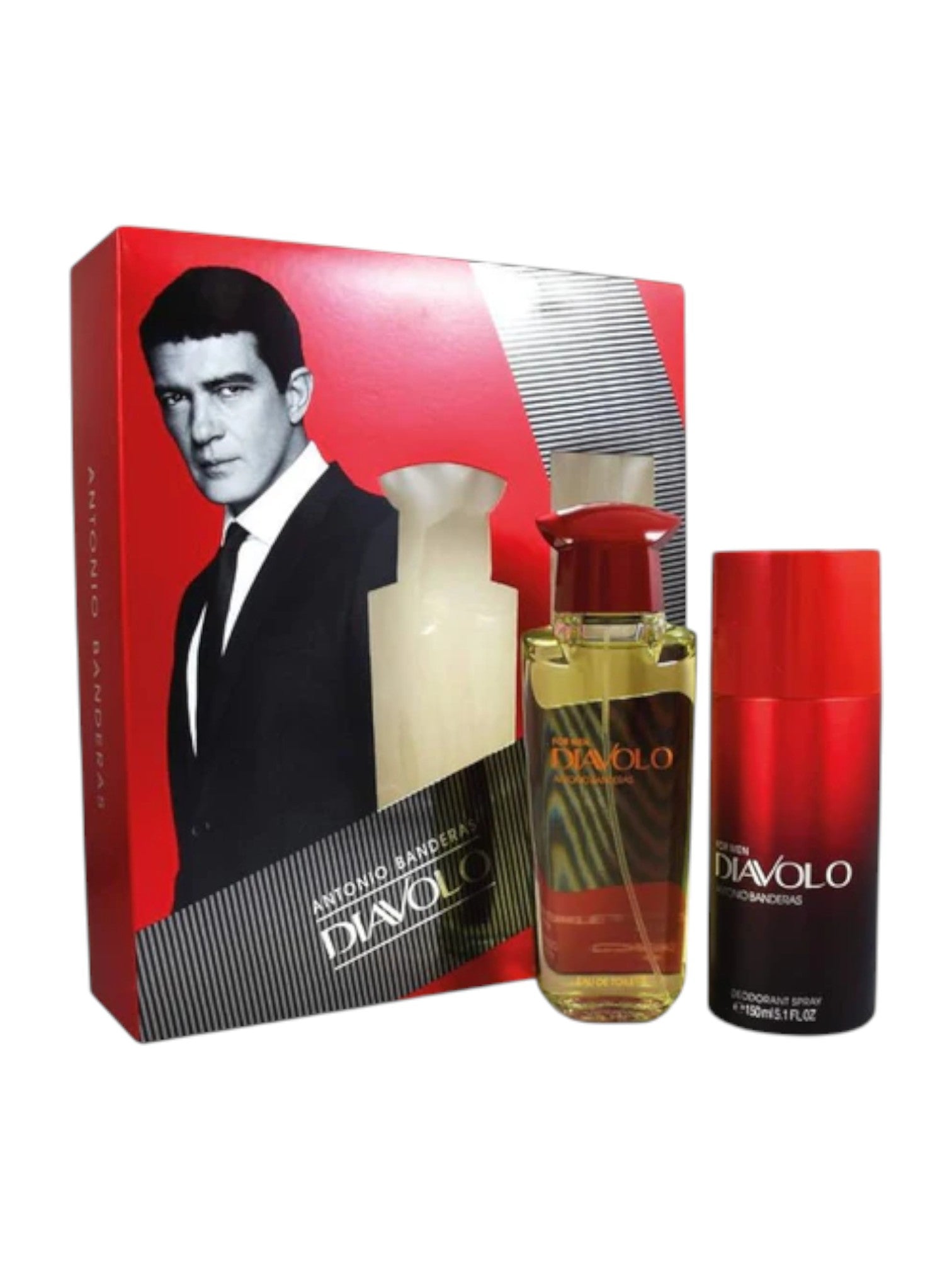 Antonio Banderas Diavolo perfume set with red packaging and bottles on a white background. Antonio Bandera, Monza Outlet, Monza Fashion, Shein Outlet
