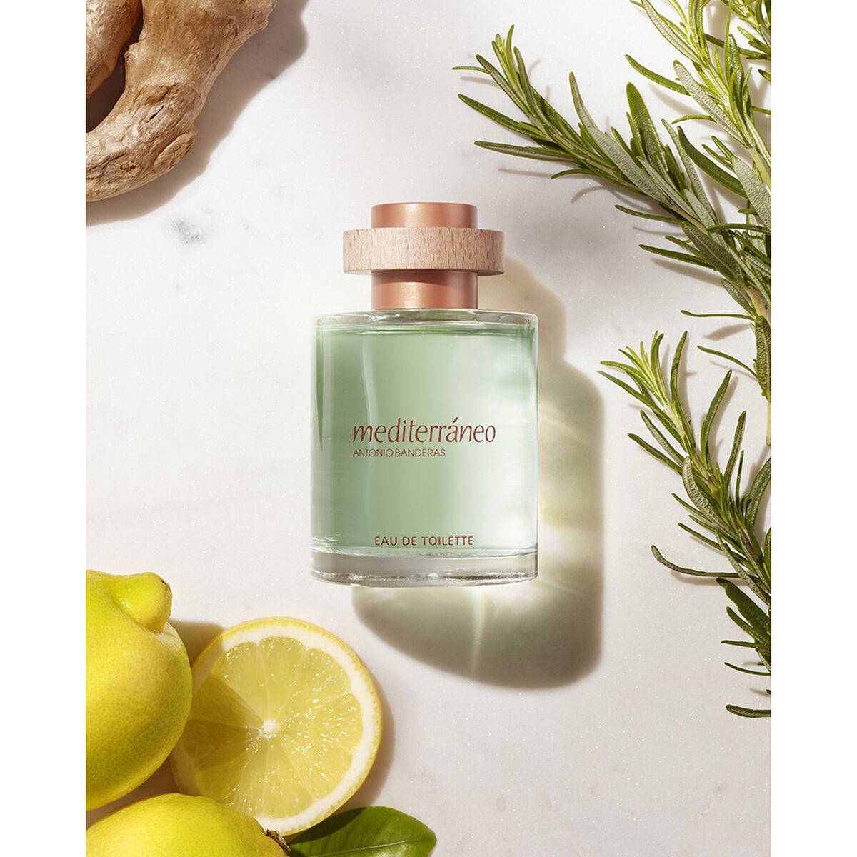Perfume bottle labeled Mediterraneo with lemons and rosemary on a light background Antonio Banderas Mediterraneo Monza Outlet