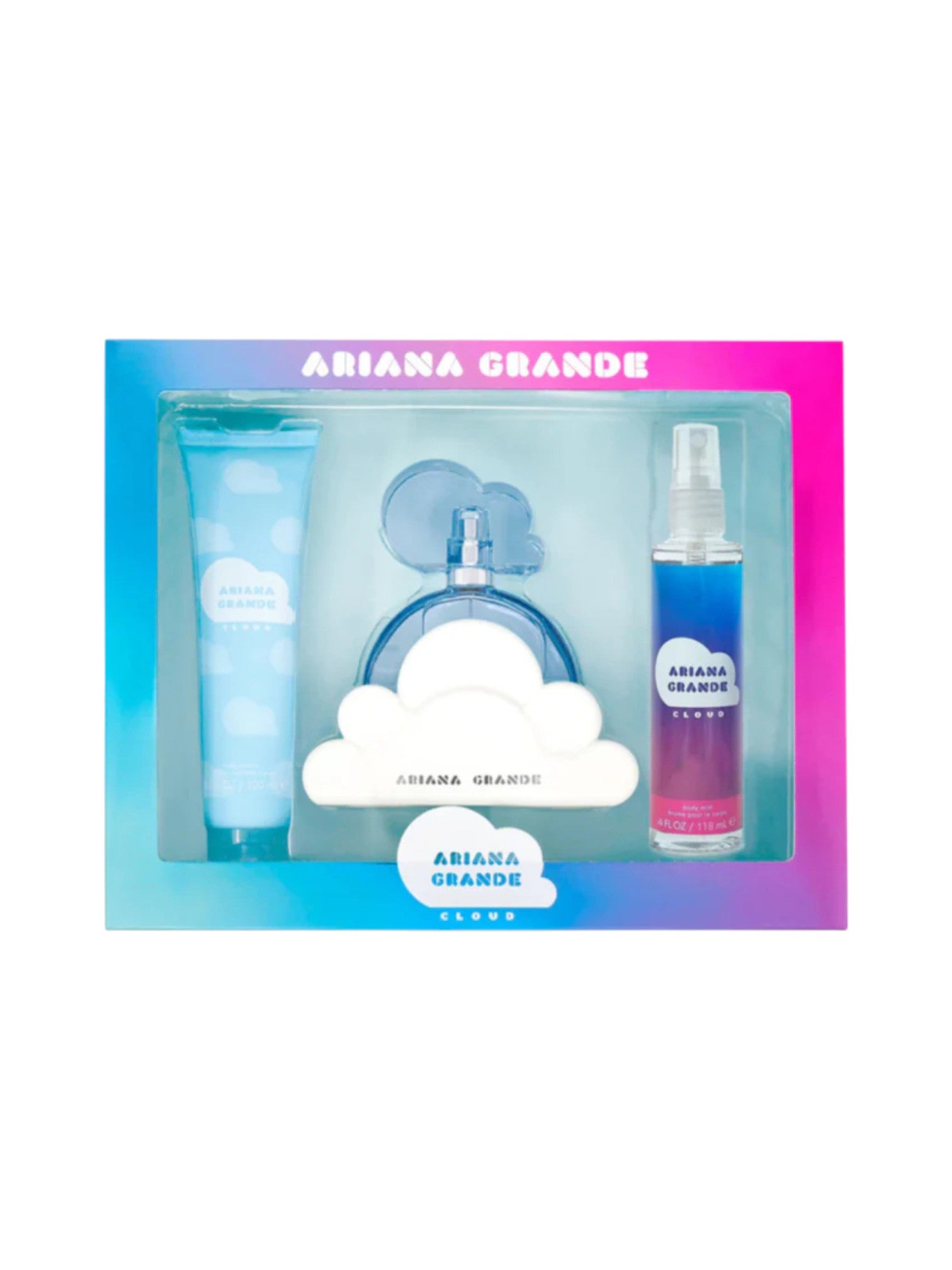 Ariana Grande perfume set with a cloud design on a white background. Ariana Grande, Monza Outlet, Monza Fashion, Shein Outlet