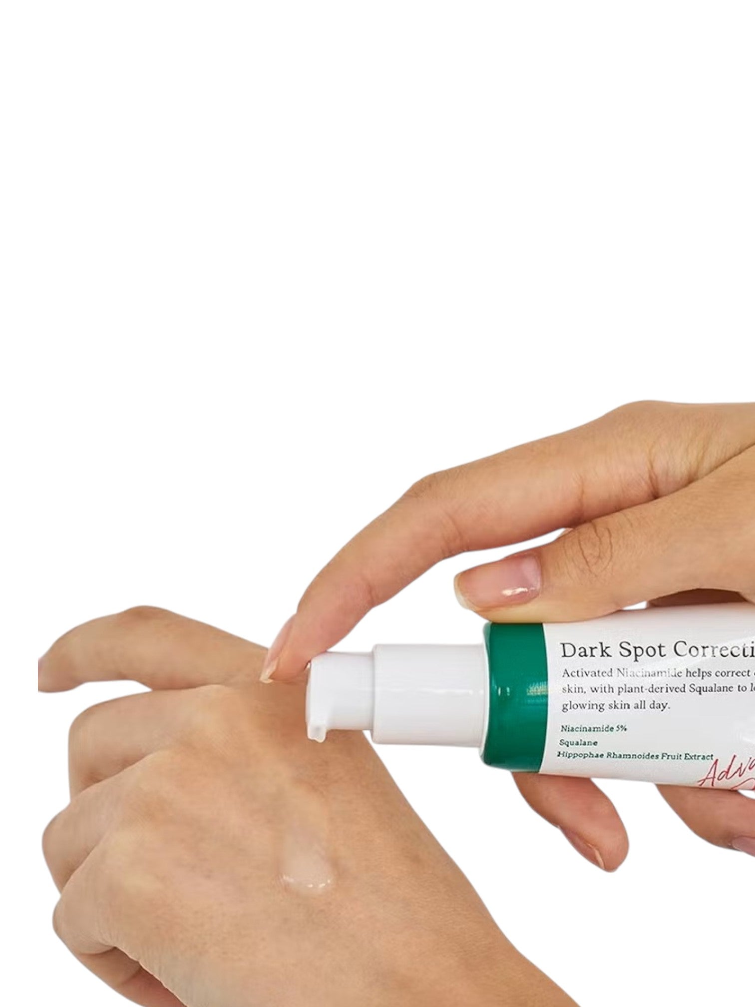 Hand applying skincare product to wrist with visible brand name on a white background. Axis-y, Monza Outlet, Monza Fashion, Shein Outlet