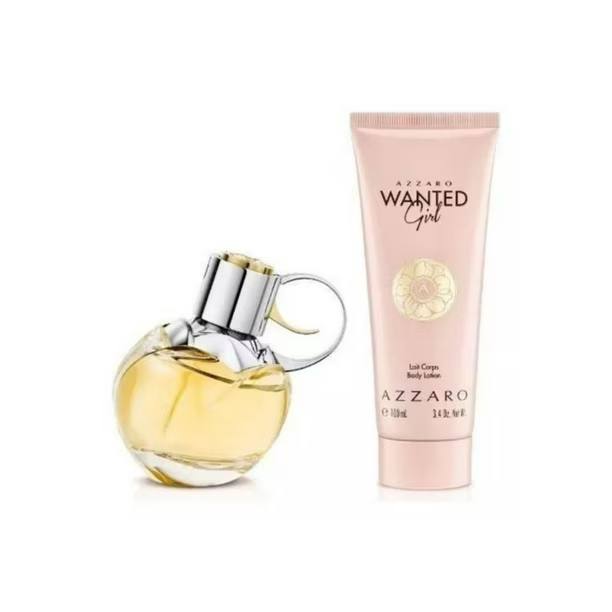 Azzaro Wanted Girl perfume bottle and body lotion on a white background. Monza Outlet
