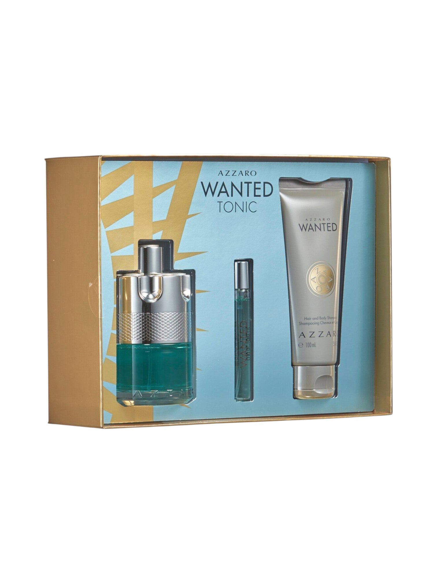 Azzaro Wanted Tonic perfume set with bottle, spray, and tube in a box on a white background. Azzaro, Monza Outlet, Monza Fashion, Shein Outlet