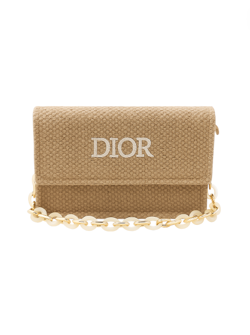 Beige handbag with gold chain and Dior logo on a white background. Monza Outlet