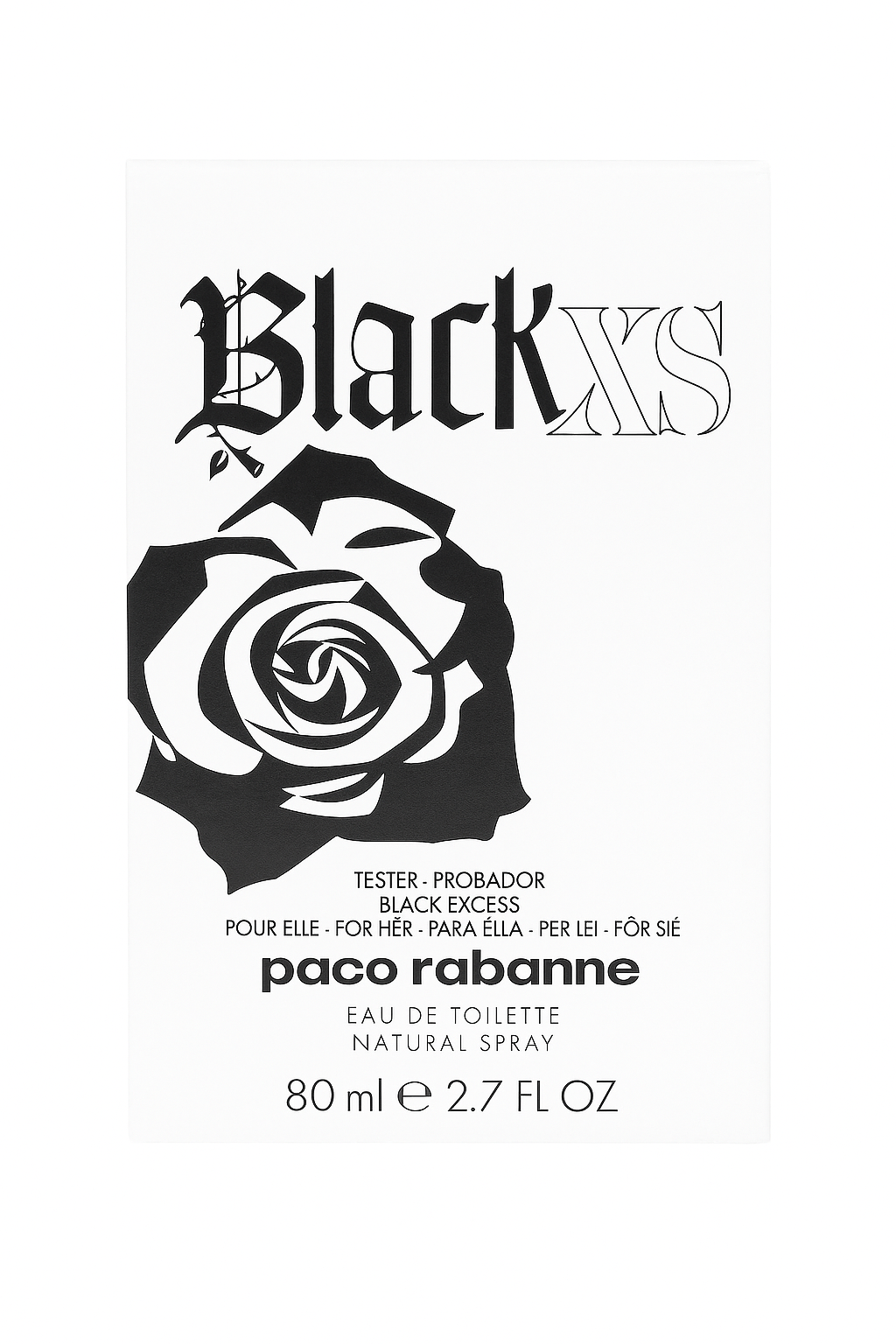Paco Rabanne Black XS eau de toilette packaging with black rose design on a white Monza Outlet