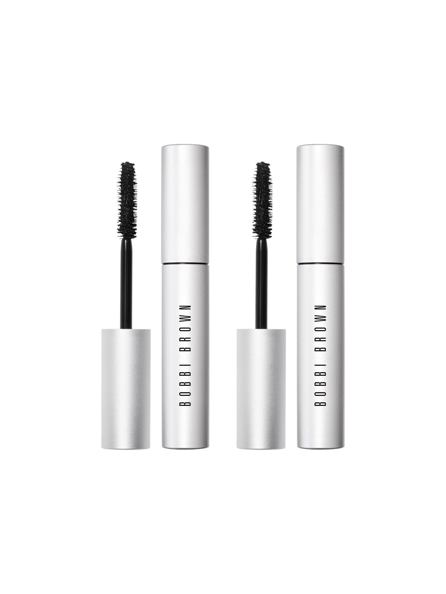 Two Bobbi Brown mascara tubes with black brushes on a white background. Bobbi Brown, Monza Outlet, Monza Fashion, Shein Outlet
