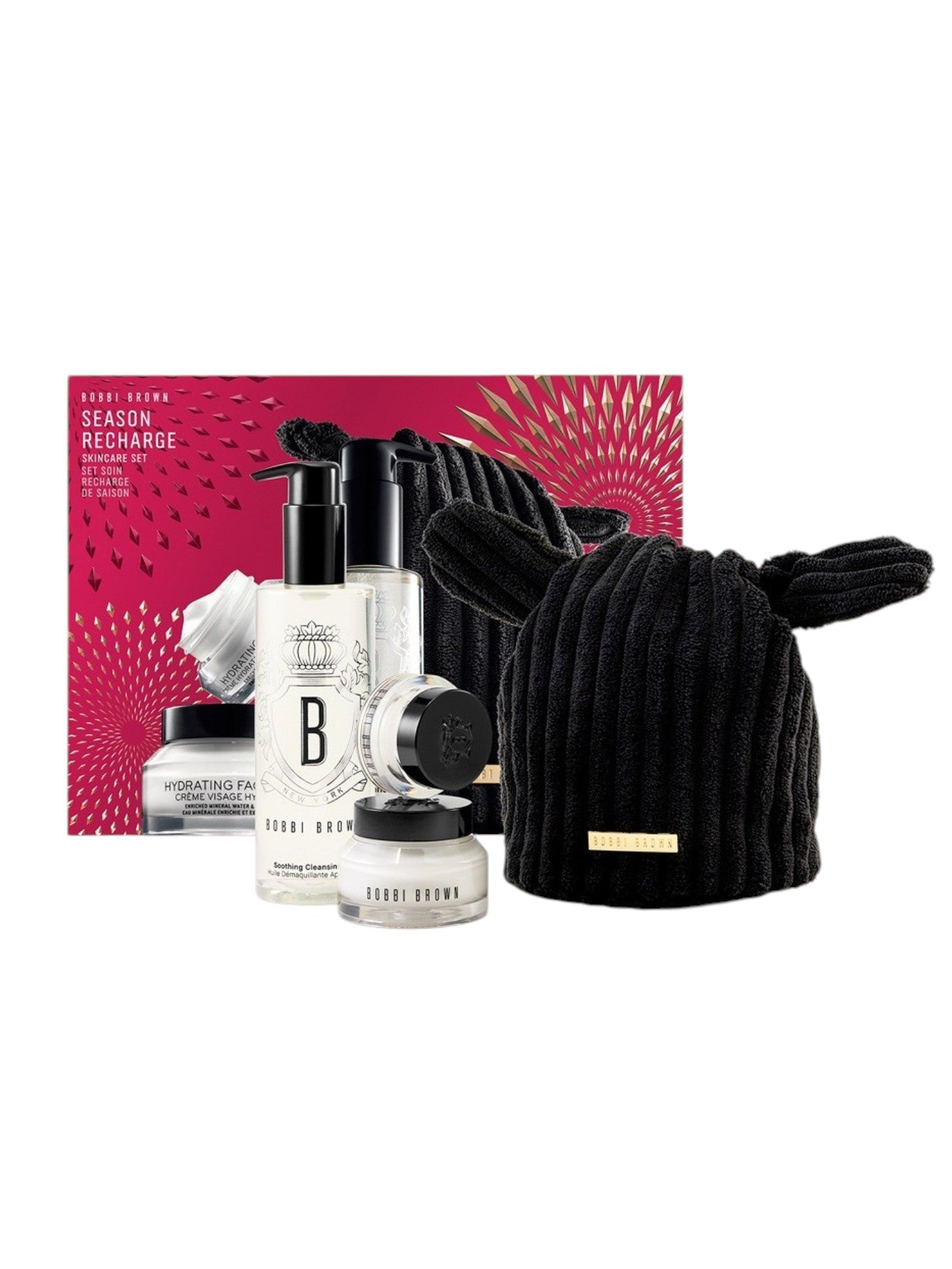 Gift set with skincare products and a black beanie on a white background. Bobbi Brown, Monza Outlet, Monza Fashion, Shein Outlet