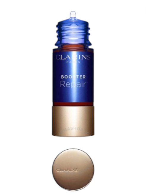 Clarins Booster Repair skincare product with blue cap and gold base on white background monza outlet, Shein outlet, monza fashion