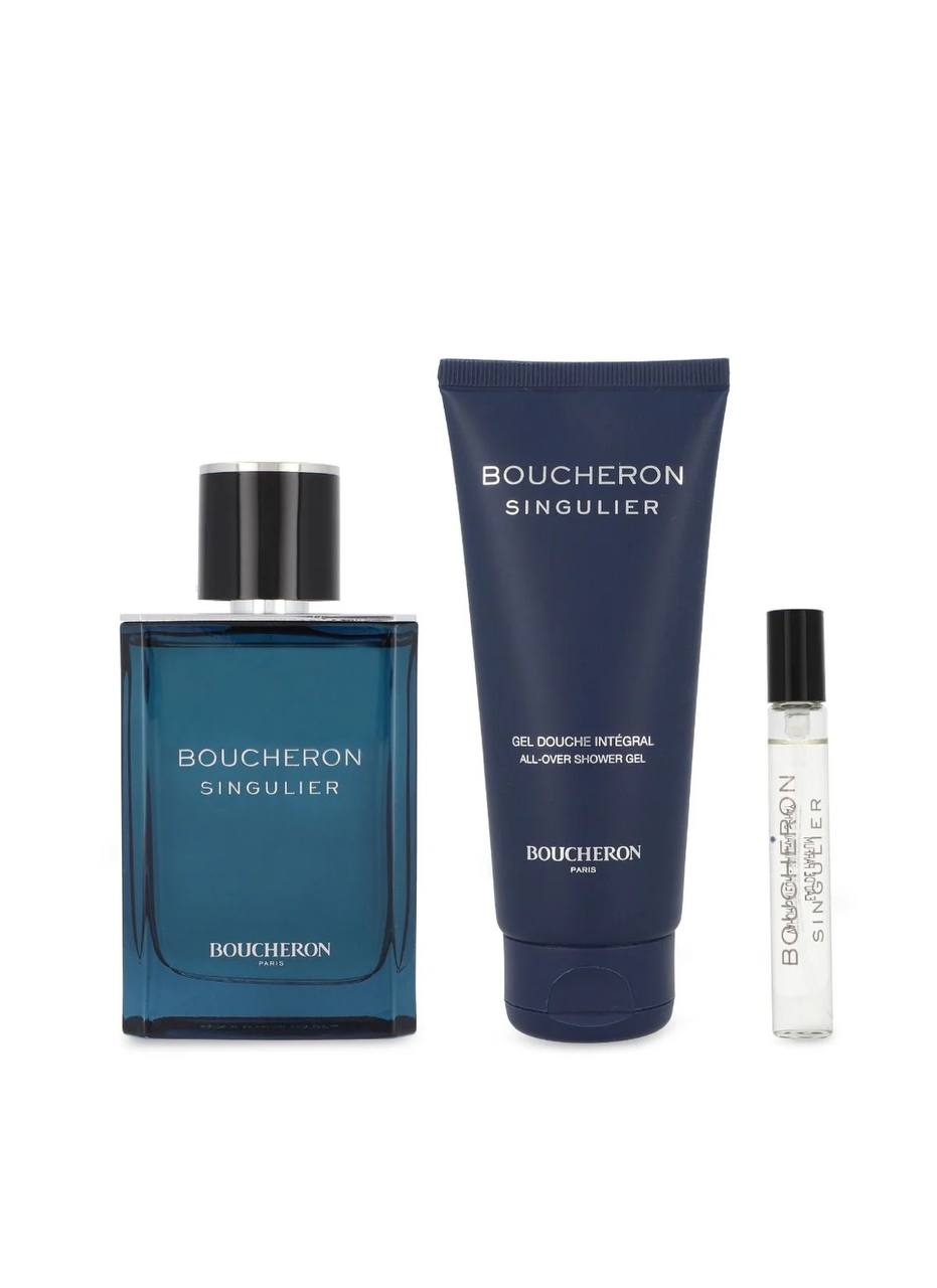 Boucheron Singulier perfume set with a bottle, shower gel, and eau de toilette on a white background Monza Outlet