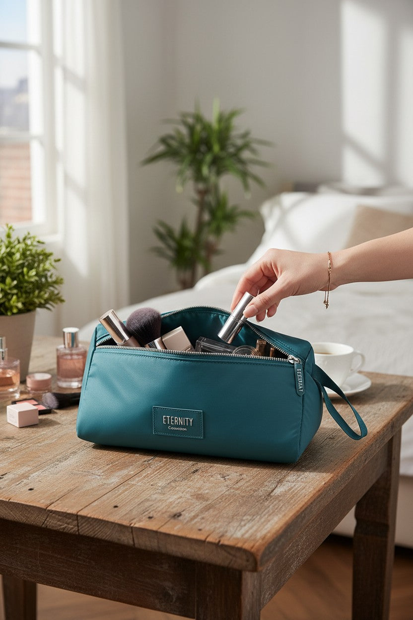 Teal toiletry bag with 'Eternity' branding on a wooden table, with a hand reaching in to grab an item. Calvin Klein, Monza Outlet, Monza Fashion, Shein Outlet