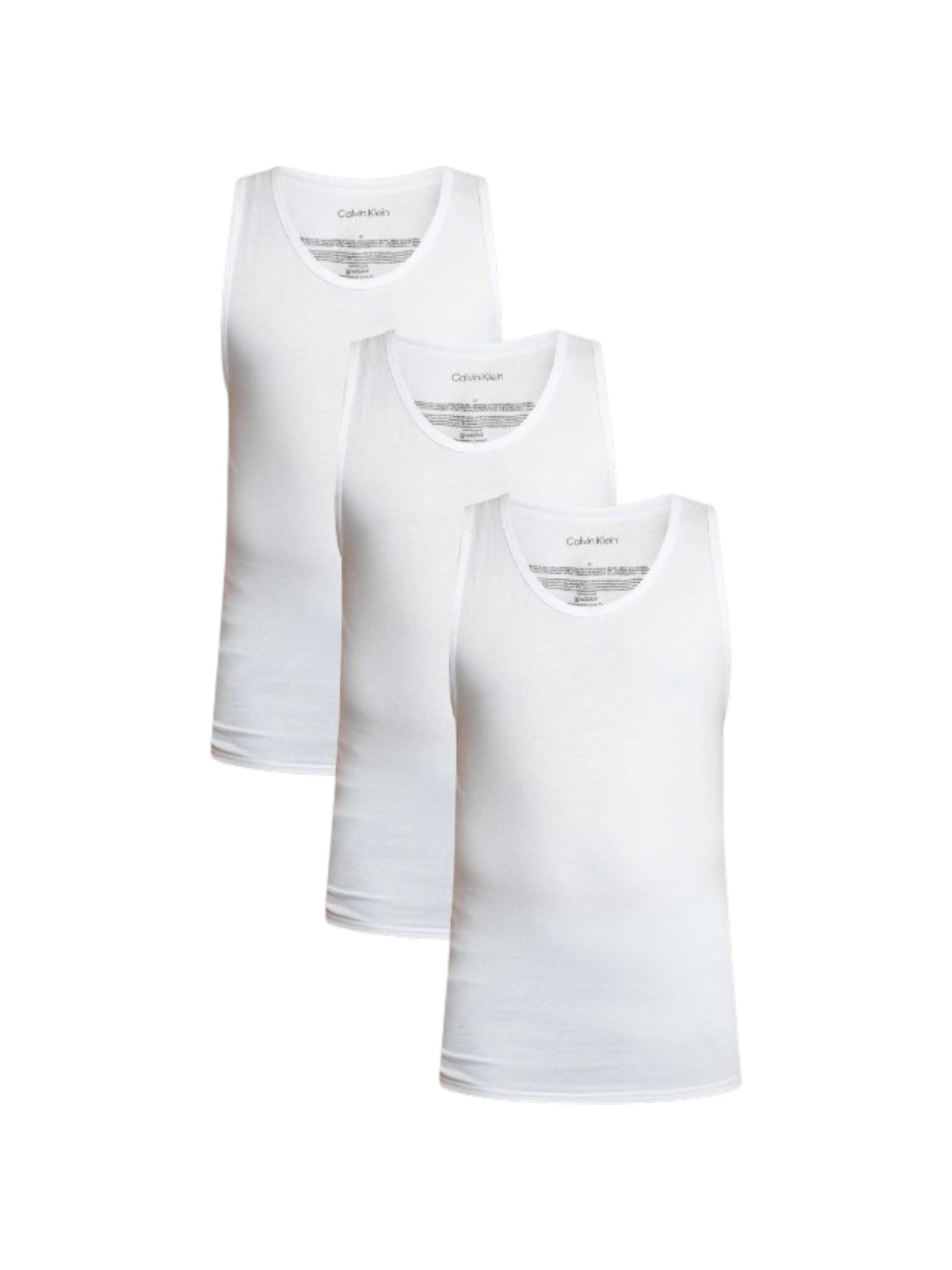 Three white sleeveless tank tops arranged in a staggered overlapping layout on a plain white background. Calvin Klein, Monza Outlet, Monza Fashion, Shein Outlet