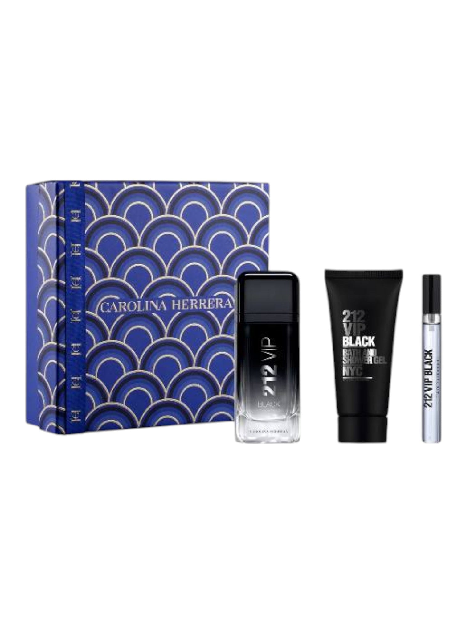 Carolina Herrera mens fragrance set with a blue patterned box, black bottle, tube, and pen on a white background. Carolina Herrera, Monza Outlet, Monza Fashion, Shein Outlet
