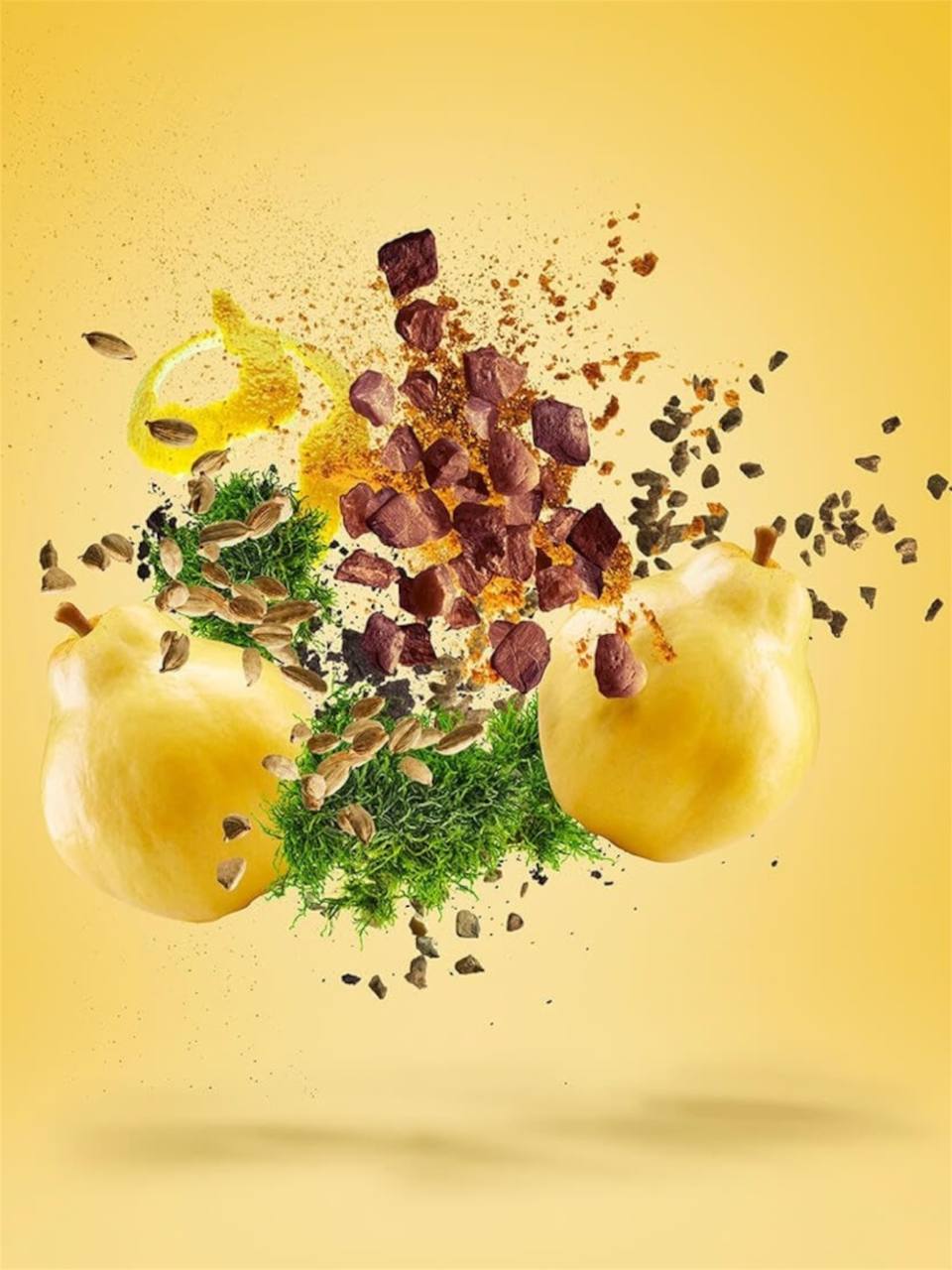 Dessert with pears, chocolate, and greenery on a yellow background monza outlet, Shein outlet, monza fashion