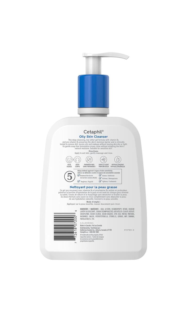 White bottle with blue pump of Cetaphil Oily Skin Cleanser on a white background Monza Outlet