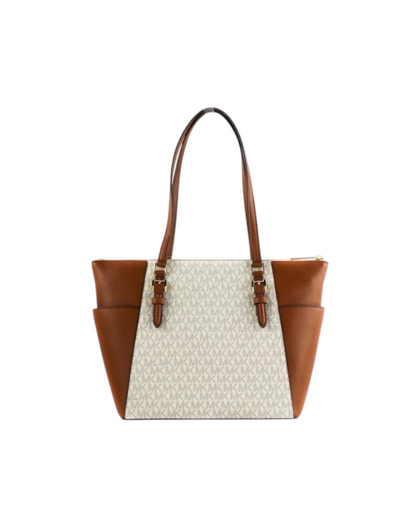 Tote bag with brown top section and white bottom section on a white background Michael Kors Monza Outlet