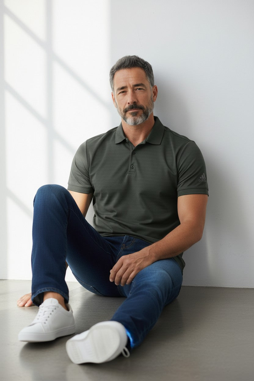 Man sitting on the floor wearing a green polo shirt and blue jeans. Adidas, Monza Outlet, Monza Fashion, Shein Outlet