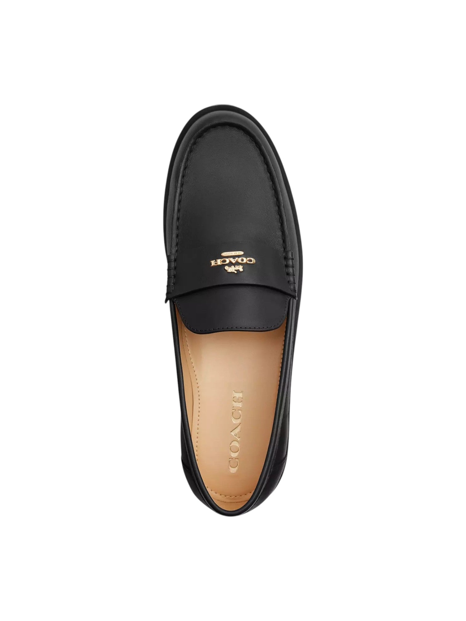 Black loafer shoe with Coach logo on a white background. Coach, Monza Outlet, Monza Fashion, Shein Outlet