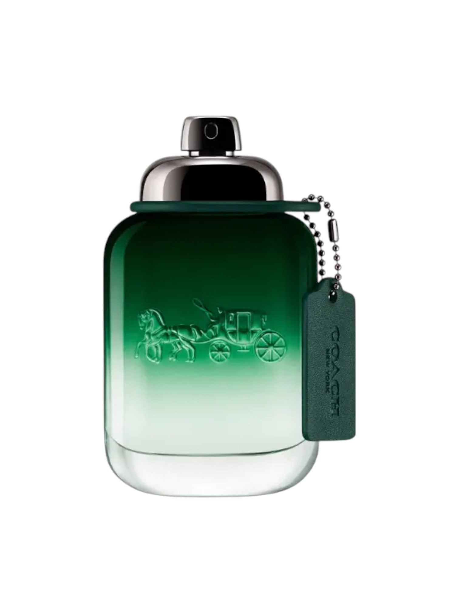 Green perfume bottle with a silver cap and visible brand logo on a white background. Coach, Monza Outlet, Monza Fashion, Shein Outlet