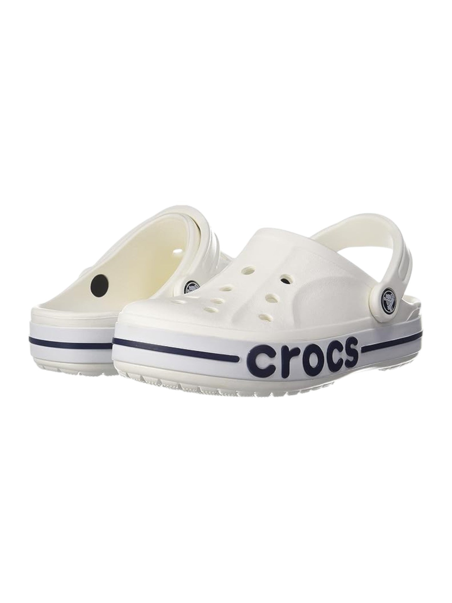 White Crocs clogs with navy blue logo on a white background. Crocs, Monza Outlet, Monza Fashion, Shein Outlet